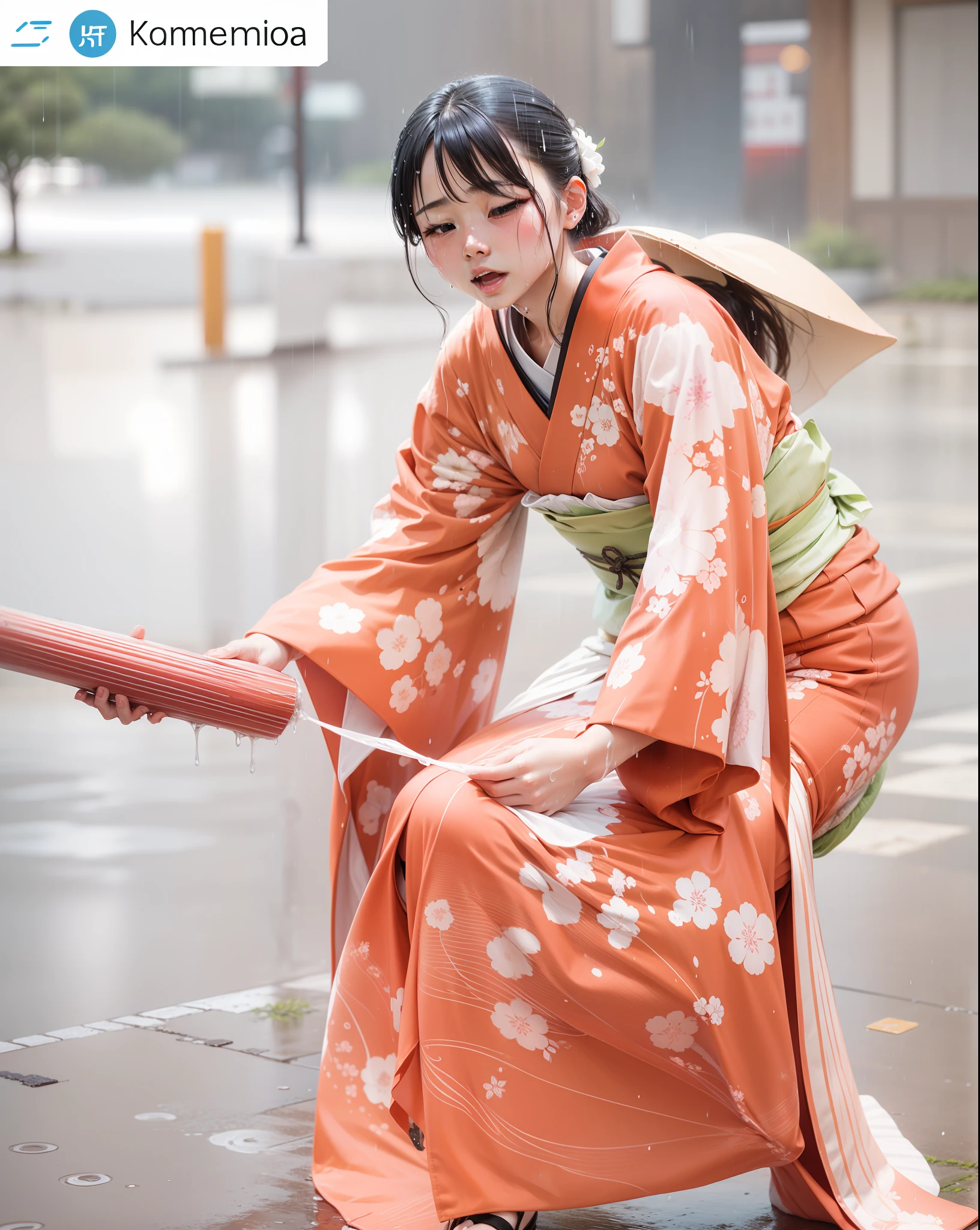 heavy raining、Kimono soaking wet、Rain dripping from kimono