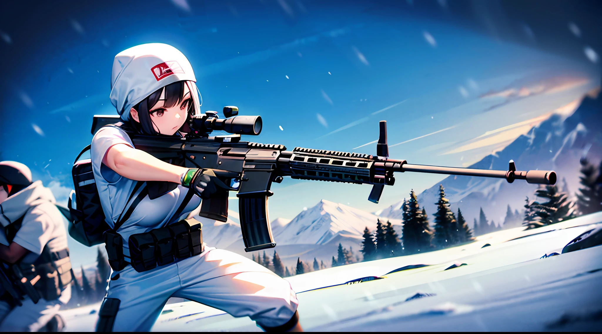 PMC, CQB, CQC, assault rifle, battle girl, snow mountain, white clothes