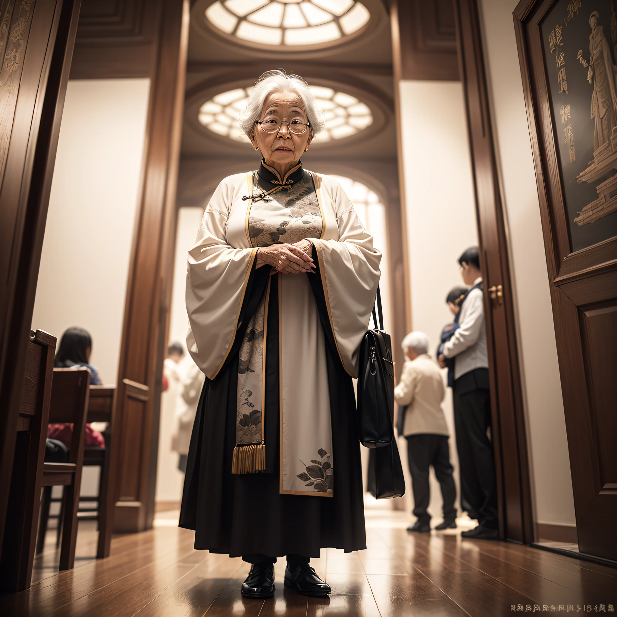 Grandma,Filial piety,Chinese style hall,Stand,(It was full of people standing around),White tones,Spiritual Hall,Close-up --auto