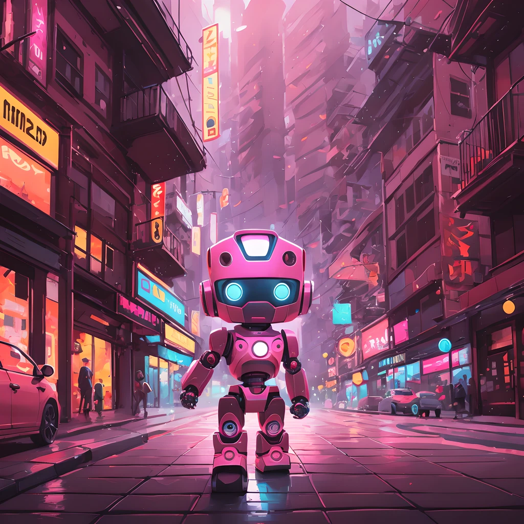 volumetric illustration of a cute chibi robot wandering in a city, minimalism romanticism, pop art, ultra high quality, very warm orange-pink-pink colors, colors by Leonid Afremov, unreal engine 5, art by Ilya Kuvshinov, art by Wadim Kashin, art by Alena Aenami,