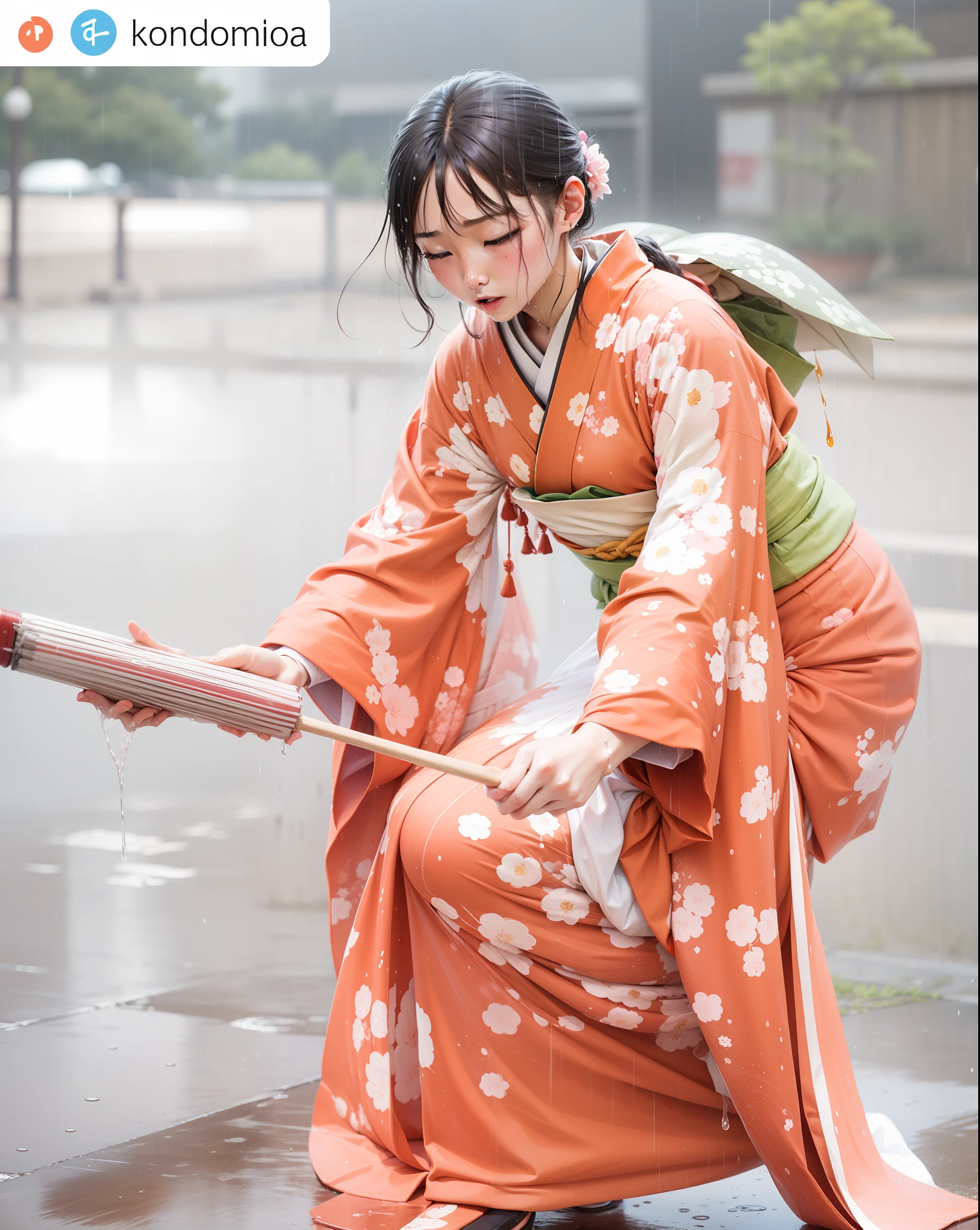heavy raining、Kimono soaking wet、Rain dripping from kimono