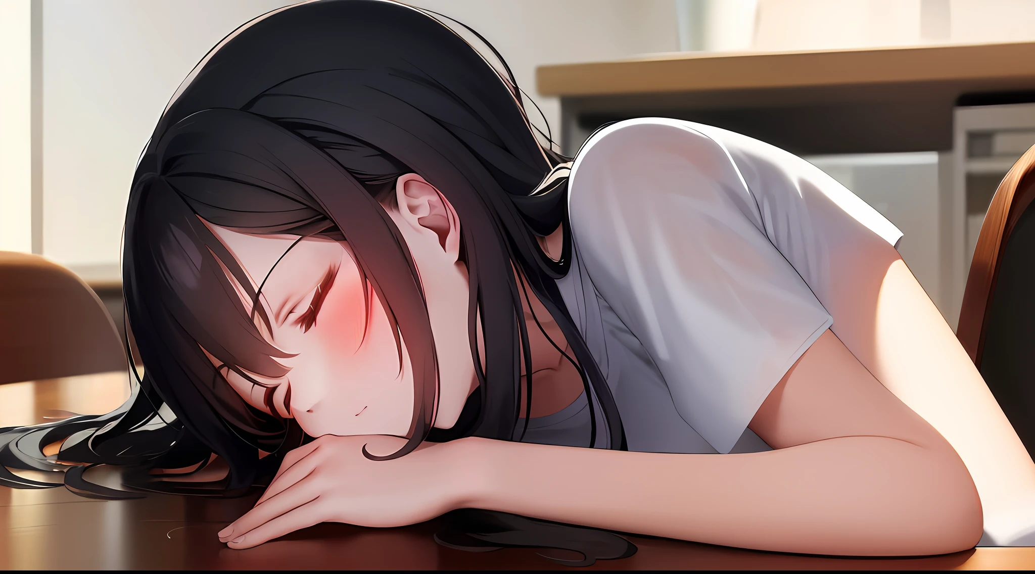 A masterpie, best qualiy, high - resolution, a 1 girl, Loose T-shirt、 Girl sitting on chair studying drafting at desk, Study seriously, Good luck studying、drawn、a beautifu、a Pretty、Sleeping face down on a desk