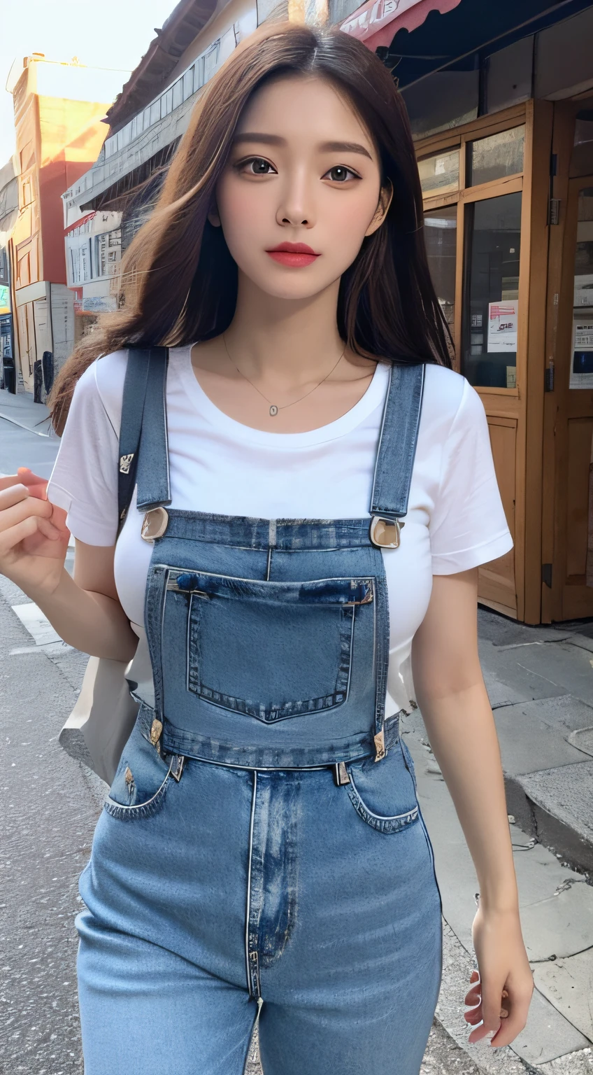 (Daytime, Excellent, 8K, Masterpiece:1.3)), Full body, Long legs, Focal length: 1.2, Perfect Body Beauty: 1.4, Slim Abs: 1.1, ((Dark Brown Hair, Big Breasts: 1.2 )), (White Skinny T-shirt, Denim Suspenders, Standing: 1.2), ((City, Blue Sky and White Clouds: 1.3)), Highly detailed face and skin texture, Detailed eyes, Double eyelids, Flying long hair