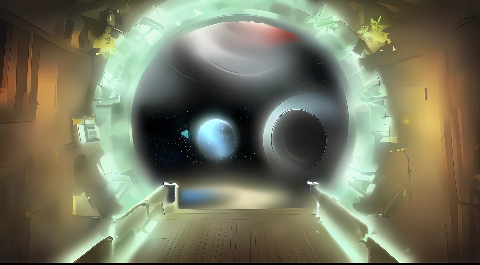 Arafeld Tunnel，There is a large round window in the middle, stargate, star - gate of futurisma, nostromo, star trek setting, gateway to futurisma, spaceship hallway background, portal to outer space, 2001 A Space Odissey, spaceship hallway, deep space 9, portal into anotheer dimension, star wars setting