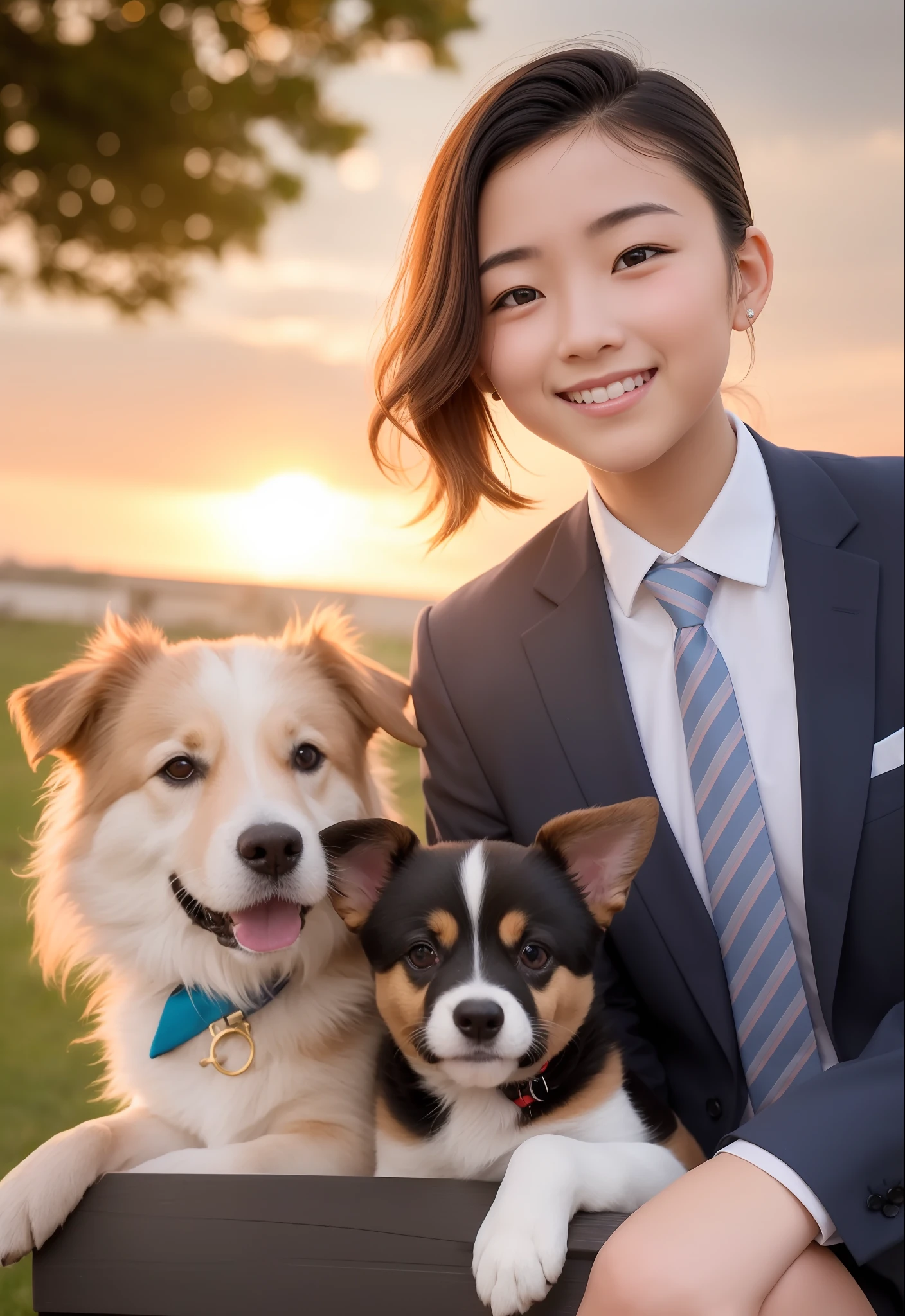 Close-up photo of the face of 2 dogs, a cho and a female, happy, sunset, 80mm, f/1.8, dof, bokeh, depth of field, subsurface scattering, dotting, wearing a suit and tie. They smile at the camera with a sympathetic and confident expression. In the background, you see a bench of a TV studio, with vibrant colors, els are talking to the camera