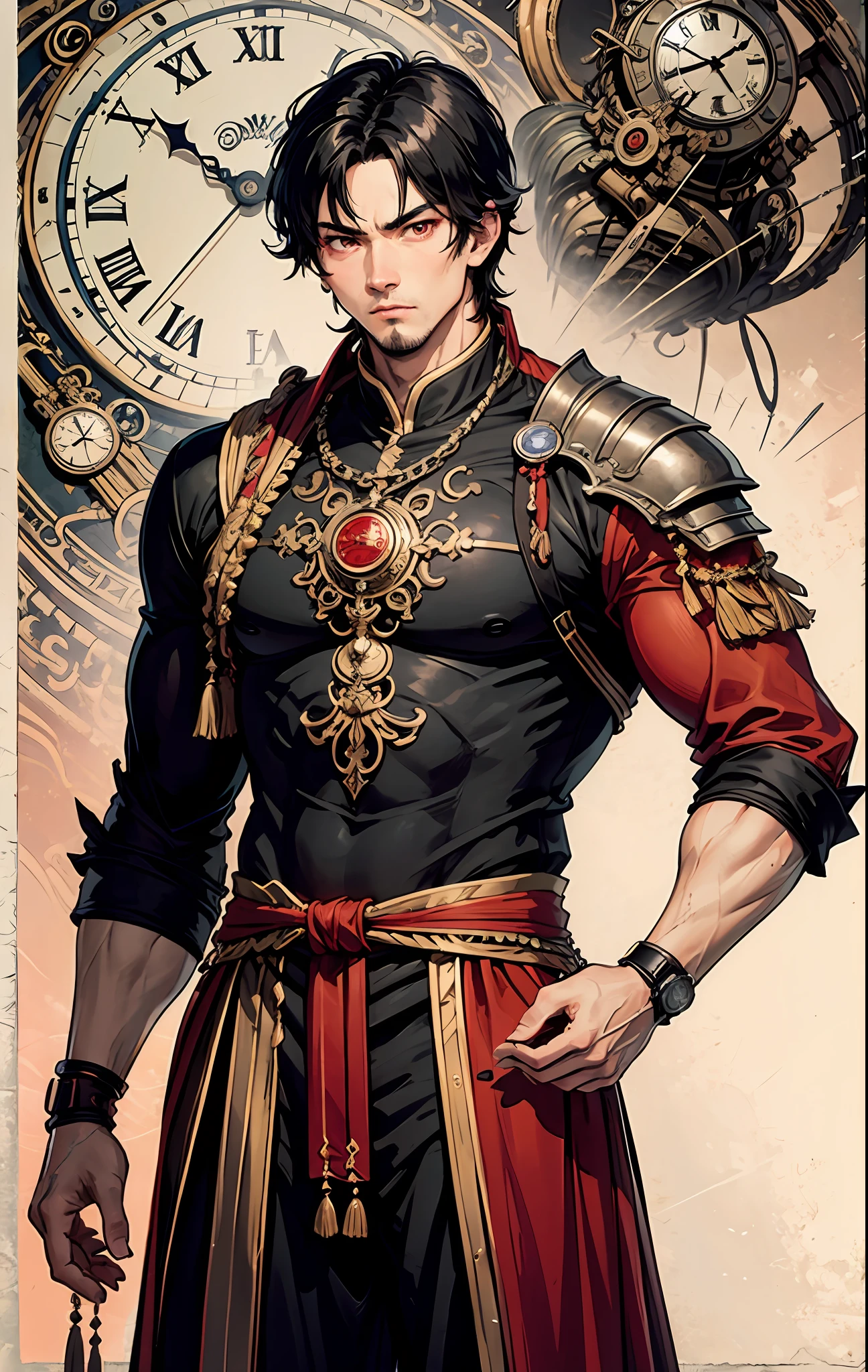 A cool man, muscular man, stony, black hair, red eyes, wearing warrior clothes, . Background with big clock,