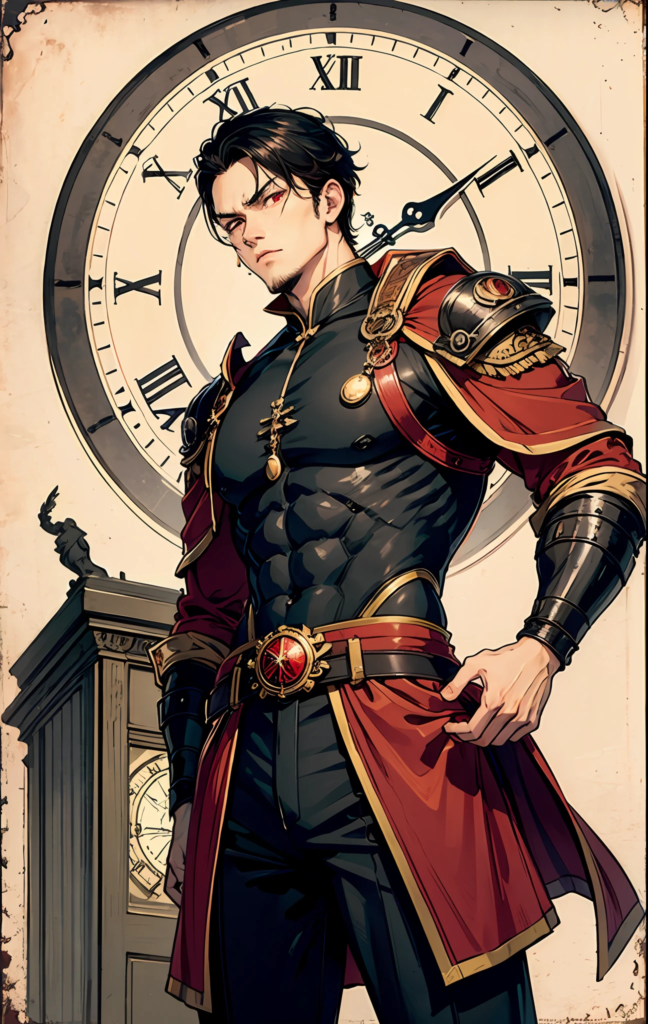 A cool man, muscular man, stony, black hair, red eyes, wearing warrior clothes, . Background with big clock,