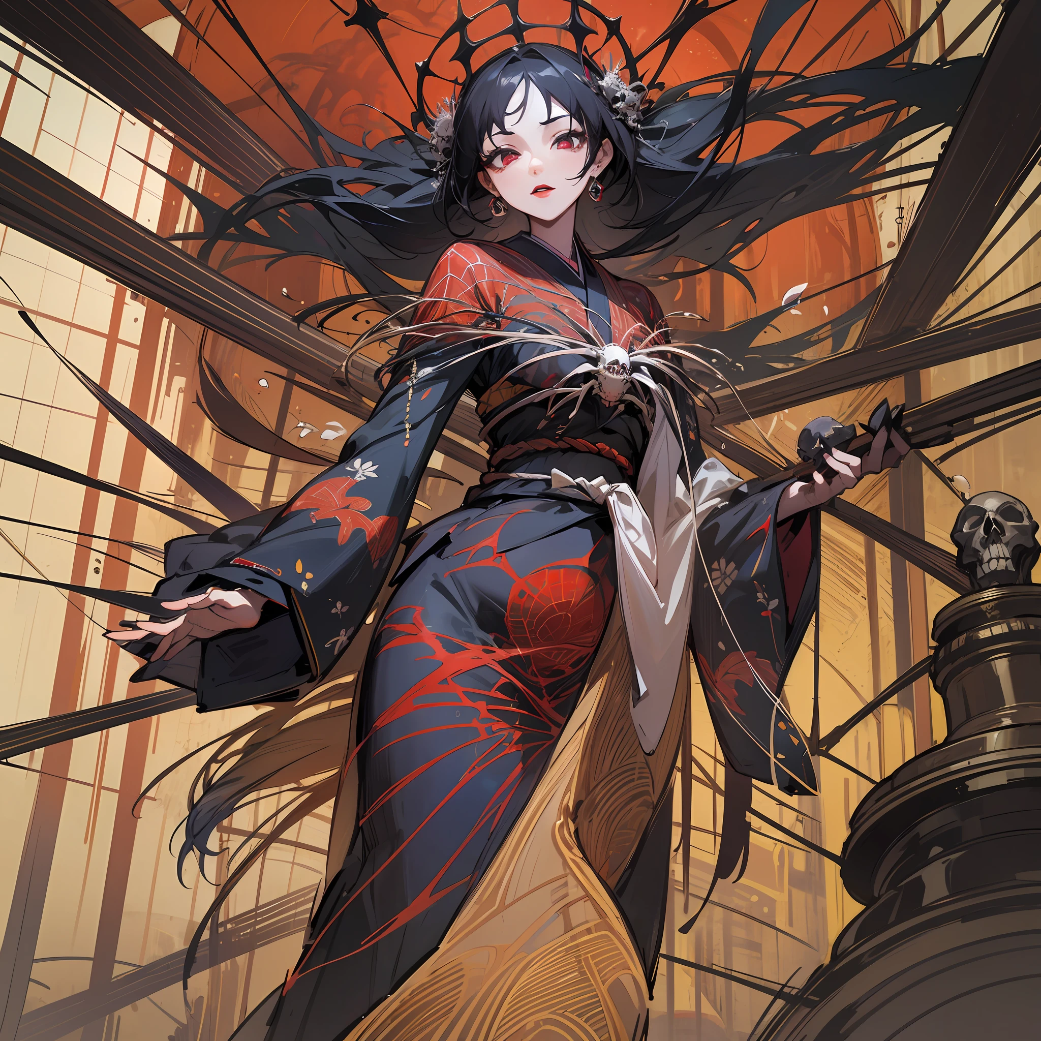 (Arachne: 1.2),
Master-piece, Solo, Bewitching Beauty, Full Body, Kimono Beauty, Black Hair Straight, Bangs, Crimson Lipstick, Sink Eyes, Female Spider, Skull Pattern on Spider's Back, Japan Old Castle in the Background, Ruins, Many Spider Webs, Candlesticks, Golden Rays from the Ceiling, Skull, Spider Webs, High Image Quality, High Definition, Accurate Drawing, Detailed Drawing, --auto --s2