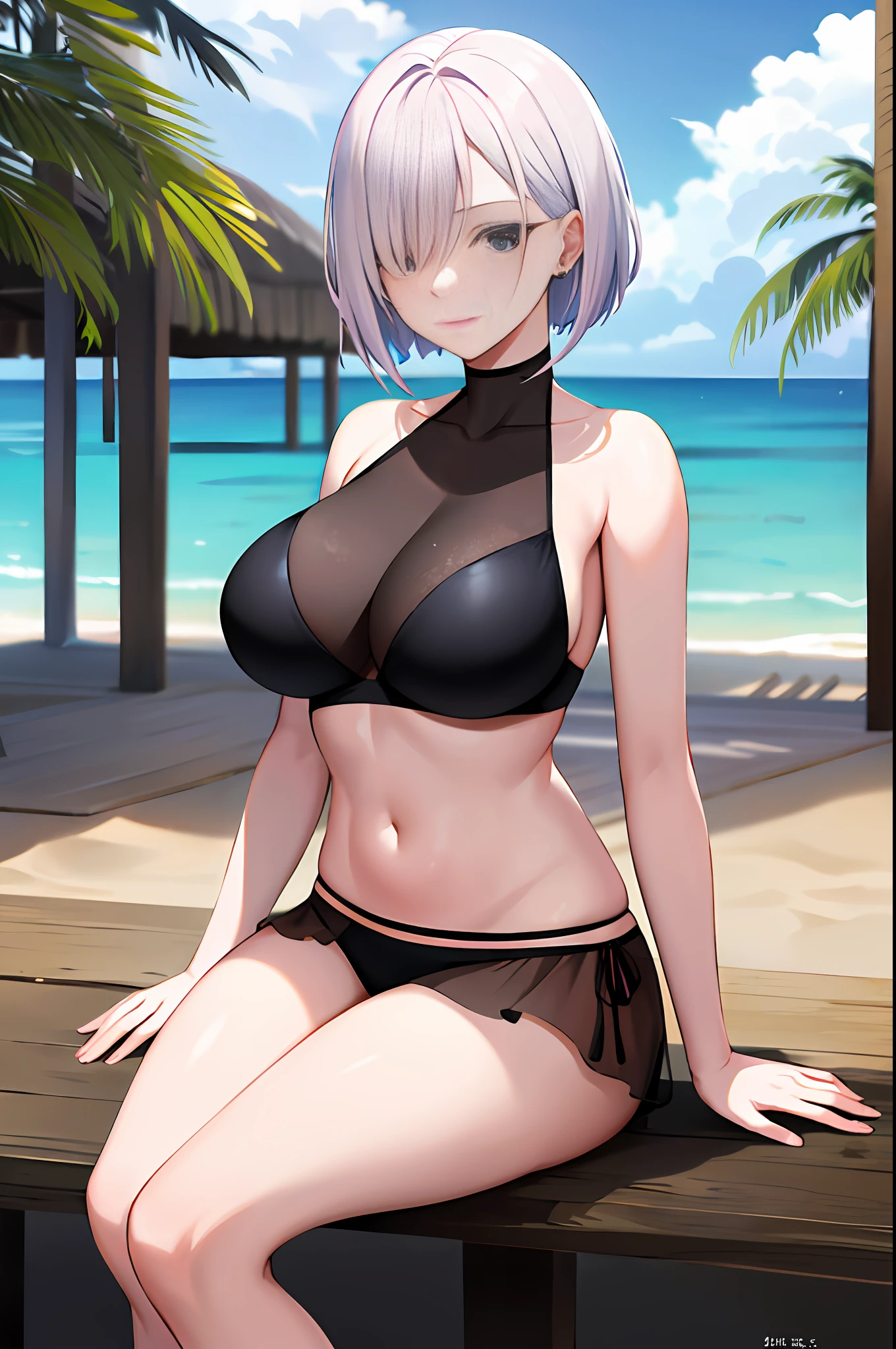 The Masterpiece， best possible quality， high - resolution， fiona1， Spy x Family， Hair_Mucha_one_Eye， 独奏， ear ring， lagre breasts， Expressionlessly， The bikini， Sleeveless， al fresco， sit ch， beachside，