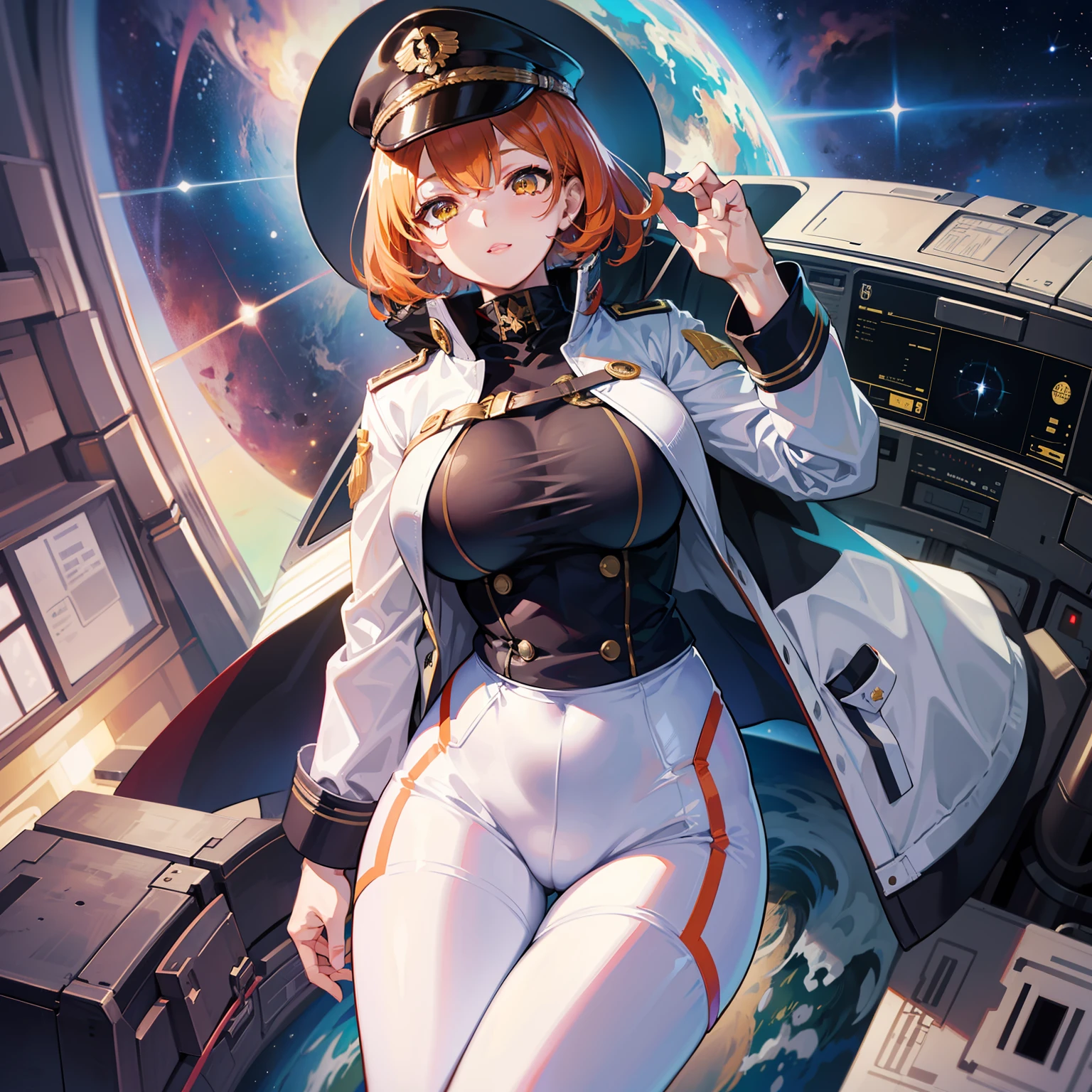 ((A masterpie))、((Top image quality))、((Top image quality))、(Illustration of one girl)、ful body、25age、Side tail with orange hair、Yellow scrunchie、Yellow eyes、((Long body))、Large big tits、((Muscular and strong body))、((Muscular and strong body))、((Military uniforms))、((Military Cap))、((Military coat))、(White clothing)、(White pants)、(white headwear)、trench coat、((Inside the spaceship))、(Outside the window、the universe、Earth seen from space、Spaceport)
