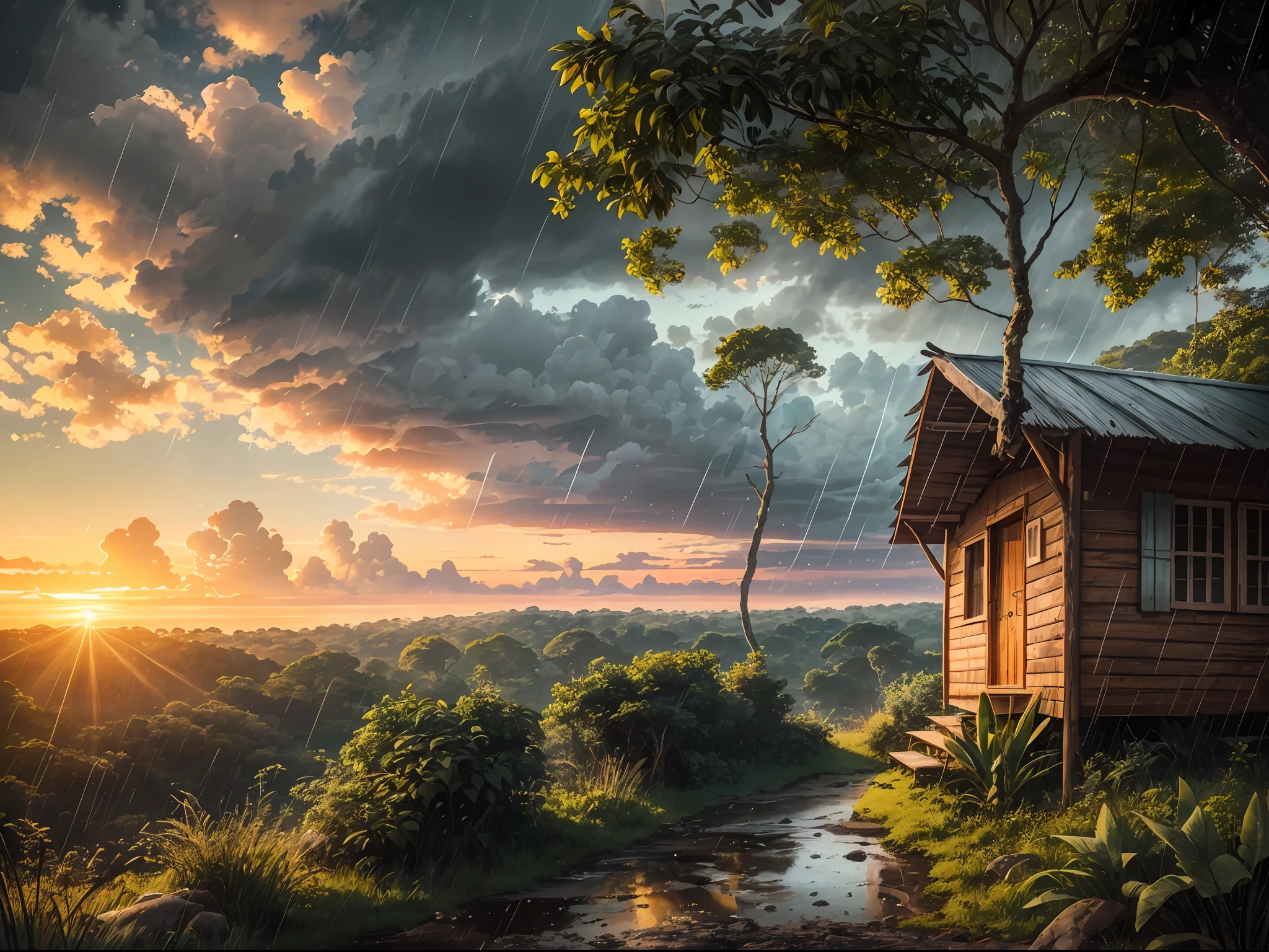 A picture of a hut in the middle of a rain forest, cinematic, realism, crystal clear, micro-details, cinematic light, highres, imagination, (realistic), clear skies, composition, sunset, (hdr:1.5), outdoors, intricate details, close up, wild life in the background, inviting atmosphere