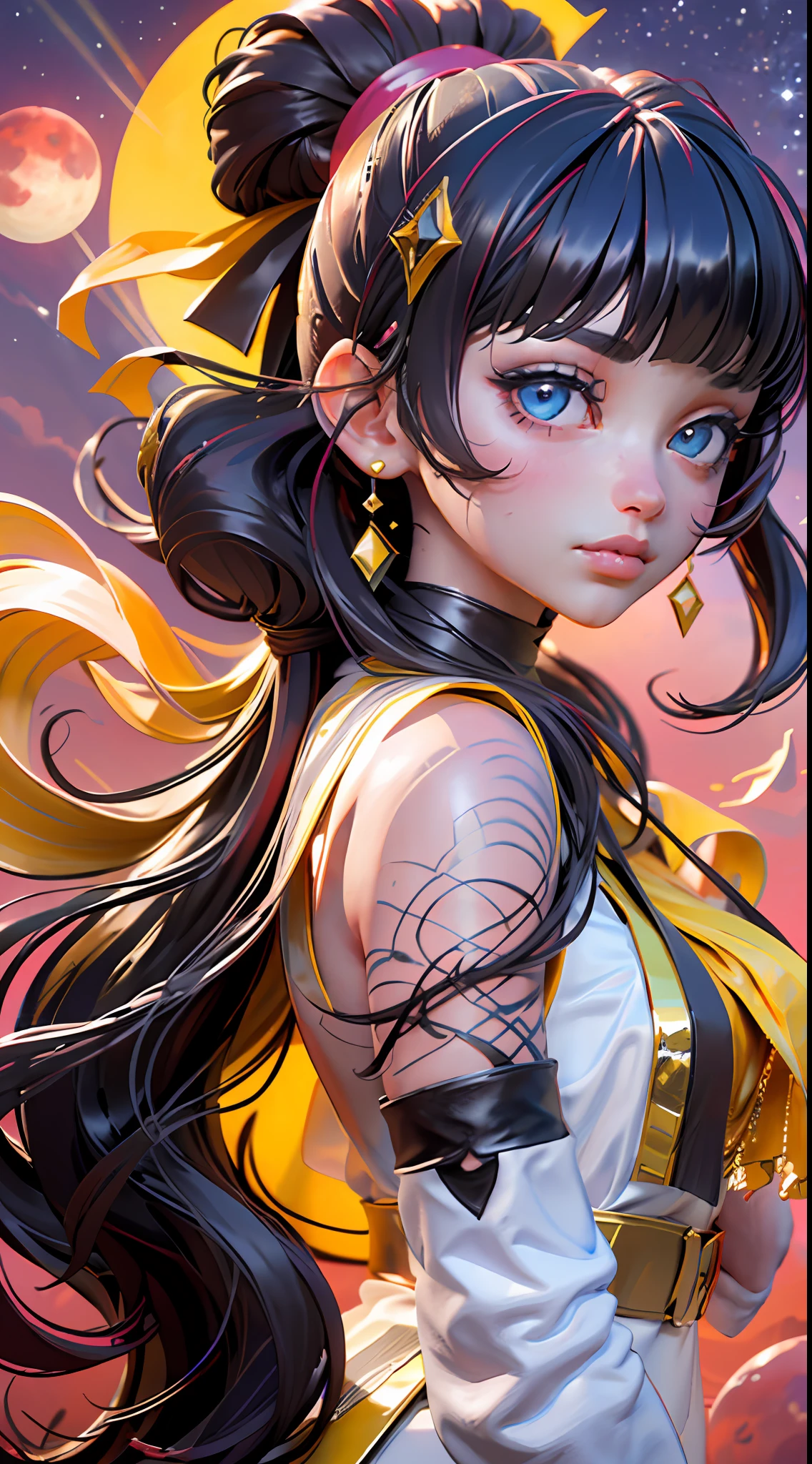 Against the background of the red moon and starry sky in the middle of the screen, there is a girl wearing a hair ornament with bangs, a double ponytail and long hair. Her eyes were yellow and the sunlight shone through her hair. It was a very beautiful sunset scene. (Type: Sunset)