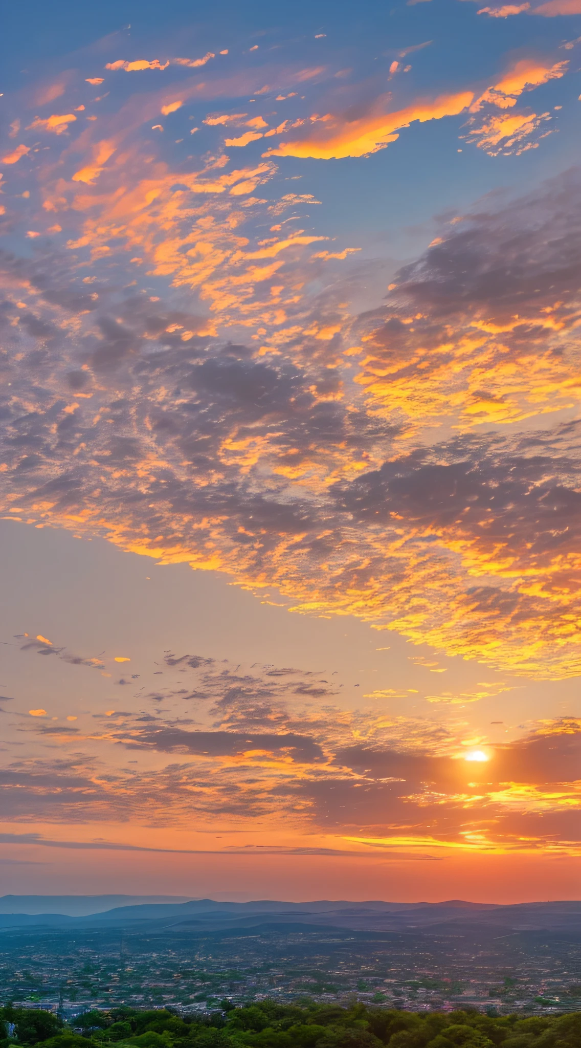 Sunset, evening glow, distant view, realistic, rich colors, gorgeous and colorful, wide-angle lens, shooting in the evening, positive film, naturalistic style, high-definition filming.