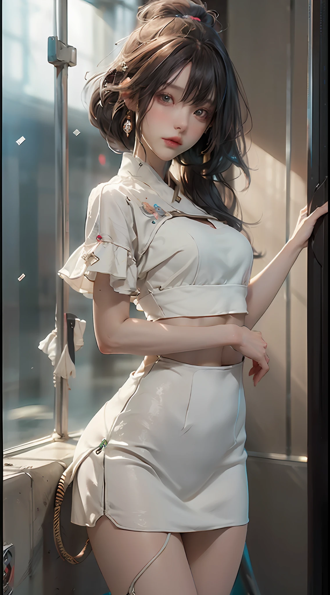 ((best qulity)), ((The Masterpiece)), (Detail:1.4), 3D, A beautiful cyberpunk female image,hdr(High dynamic range),raytraced,NVIDIA RTX,The ultra-Resolution,illusory 5,Subsurface scattering、PBR Texture、post-processed、Anisotropic filtration、deep of field、maximum definition and sharpness、multi-layer texture、Albedo e mapas Speculares、Surface Coloring、Accurate simulation of light-material interactions、perfectly proportioned、octane rendered、Two-colored light、Large aperture、Low ISO、White balance、rule of thirds、8K raw data、erogenous,small udder,Transparent packaging,micro skirt,Colored hair,see-through clothes,Leaky waist,