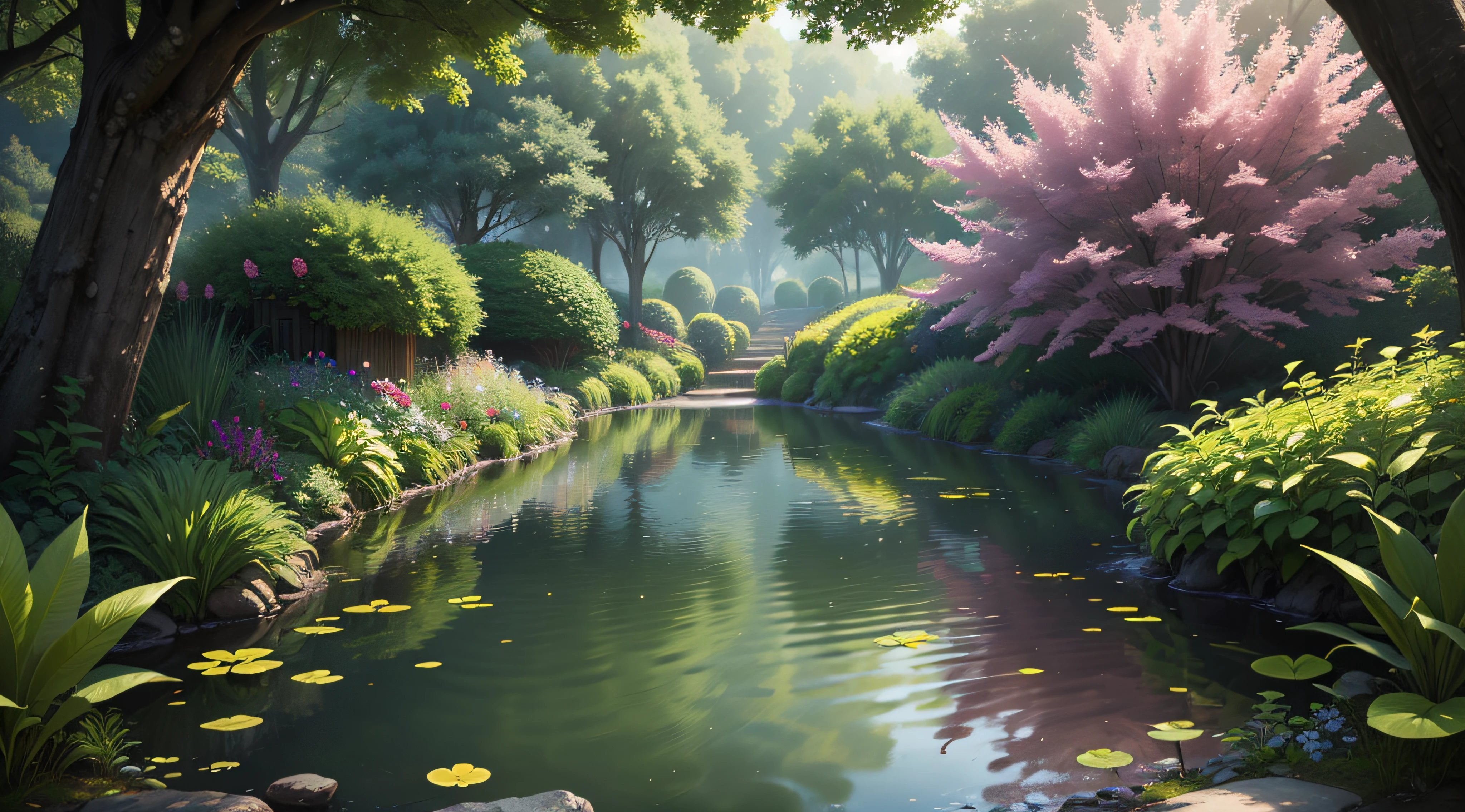 Secret garden with lake and lush flora, ultra HD