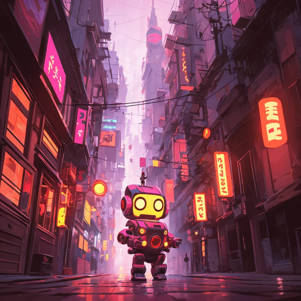 volumetric illustration of a cute chibi robot wandering in a city, minimalism romanticism, pop art, ultra high quality, very warm orange-pink-pink colors, colors by Leonid Afremov, unreal engine 5, art by Ilya Kuvshinov, art by Wadim Kashin, art by Alena Aenami,