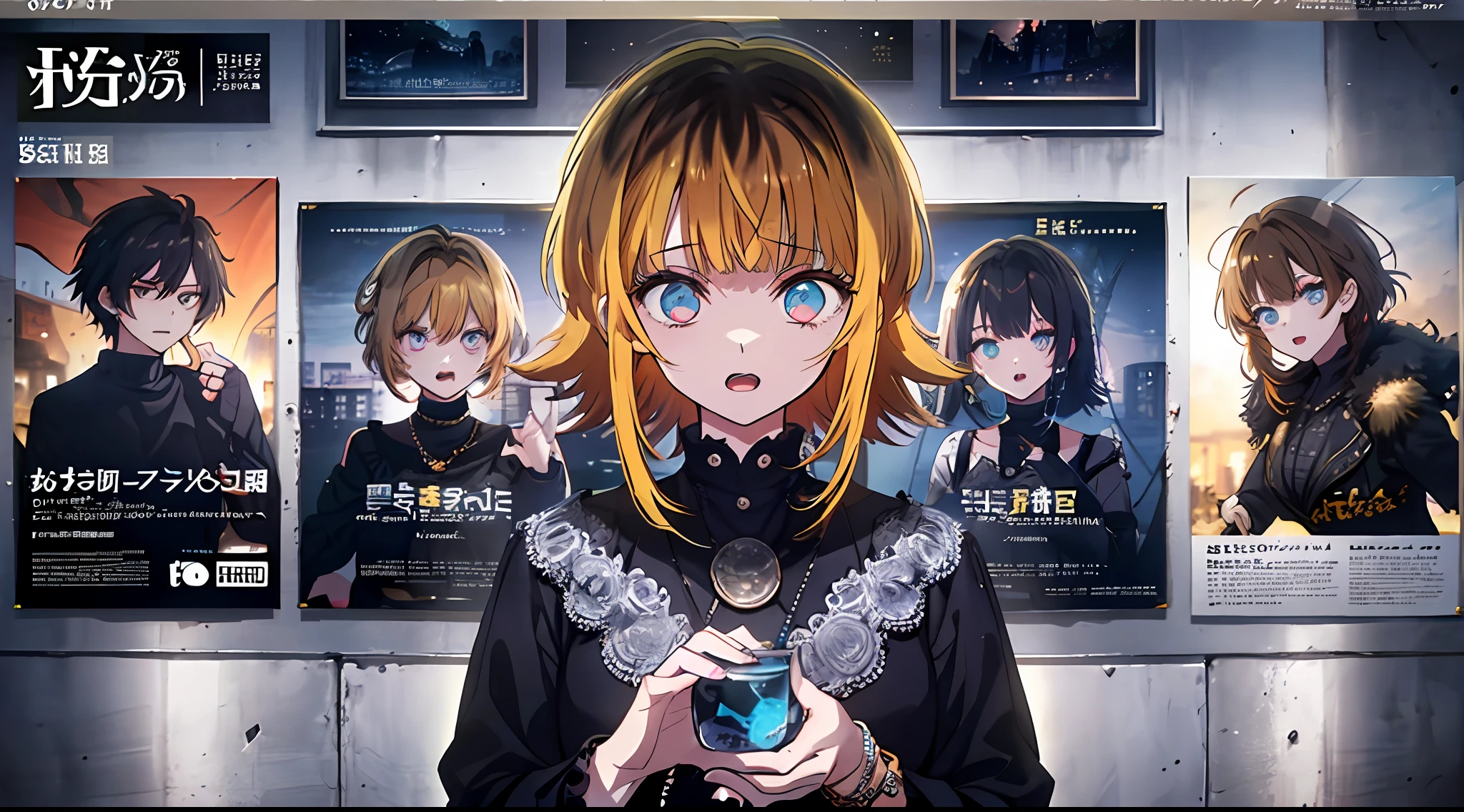 (((Dramatic)))、(((gritty)))、(((vehement))))The poster of the film appears as a central character。She is shy in the center of the poster、Wearing an idol costume、Has a determined look。has vivid eyes。The background is dark and rough、I feel like I'm drunk。Text is bold and eye-catching、Catchy slogans add to the overall drama and excitement。The color palette is dominated by dark colors.、Bright colors dotted、Make your poster dynamic and visually impactful、tachi-e(magazine:1.3)、(cover-style:1.3)、Fashionable、A vibrant、outfits、a-pose、Front、colorfully、Dynamic、backgrounds、element、Be confident、expressively、ngel、statement、attachment、Majestic、coiled、surroundings、Touch、Scenes、Texto、covers、boldface、grab attention、title、moda、font、Catchy、title、Large、grab attention、modern、 Trendy、concentrates、stylish、a 1 girl