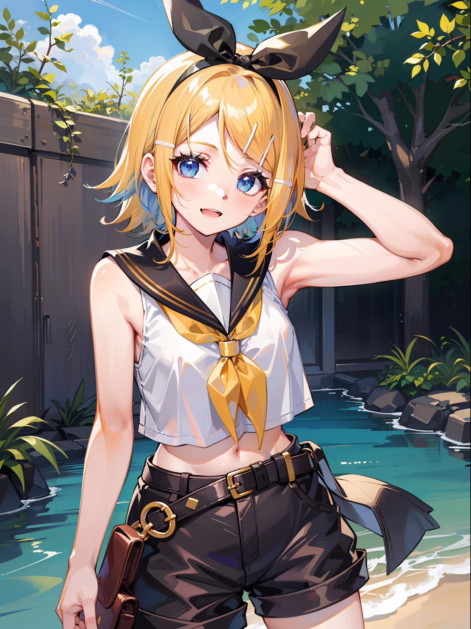 best quality, ultra precision, one girl, (kagamine_rin), big smile, happy, she loves you, blue eyes, small breasts, sleeveless, (gold hair), sailor collar, black short pants, white shirt, belt, young, shiny sky, outdoor