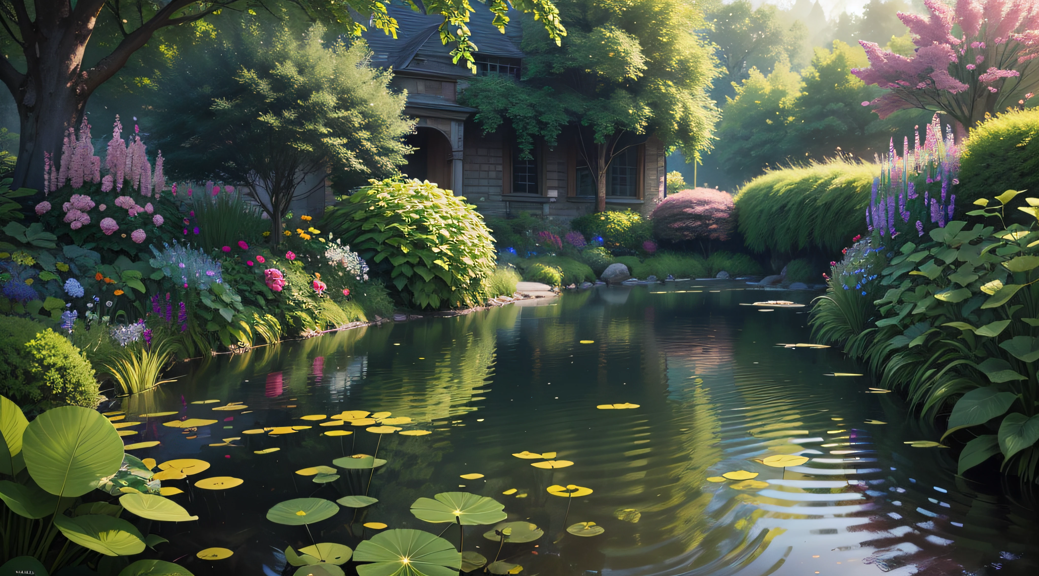 Secret garden with lake and lush flora, ultra HD