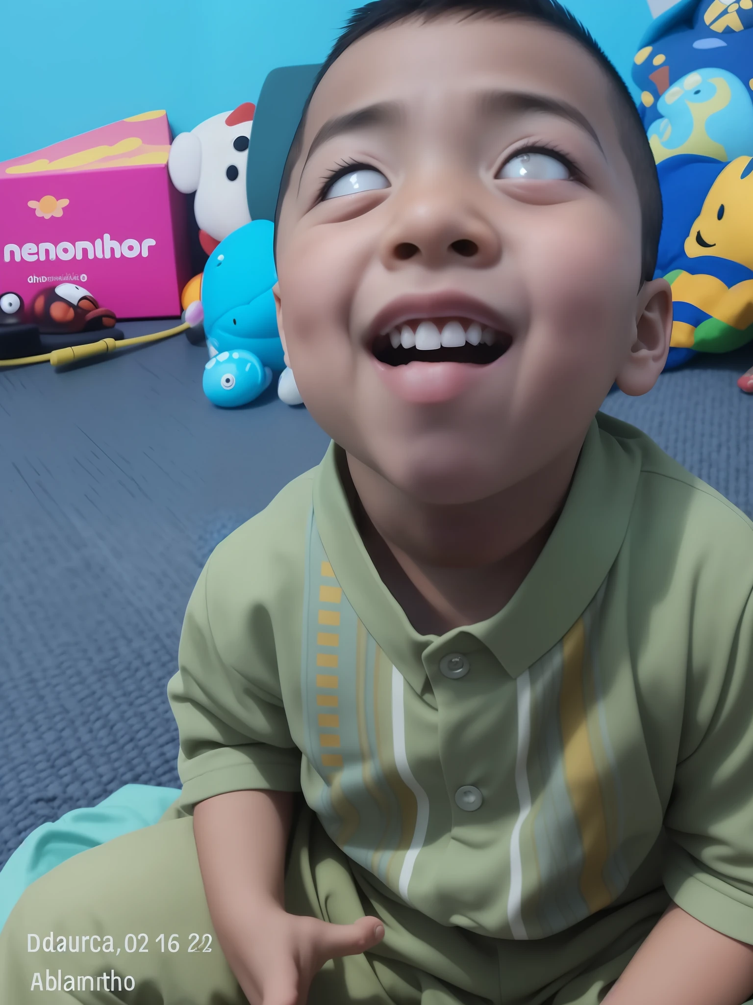 there is a young boy sitting on the floor with a remote, reyyan, mutahar laughing, looking up at camera, horrified look in his eyes, 2 years old, joyful look, inspired by Abidin Dino, looking up at the camera, happy with his mouth open, with mouth open, with cute doting eyes, ayan nag