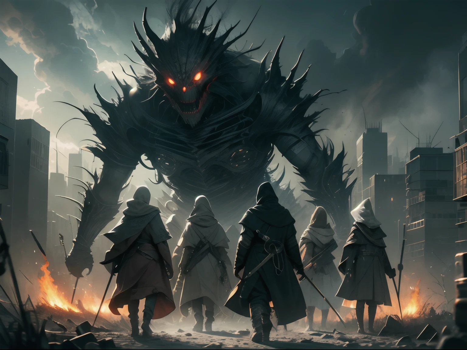large group of short masked girls standing still holding very long metal sticks warding off evil, (enormous scary creature in the distance), elemental shift, fires in the distance, strange lights in the sky, windswept ruined city background gloomy, dark, ominous more details