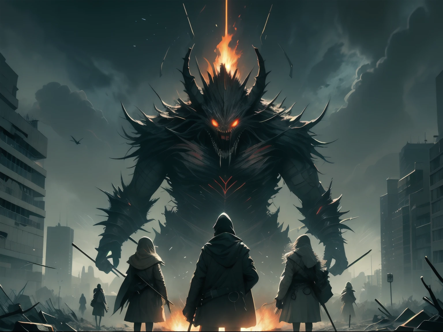 large group of short masked girls standing still holding very long metal sticks warding off evil, (enormous scary creature in the distance), elemental shift, fires in the distance, strange lights in the sky, windswept ruined city background gloomy, dark, ominous more details