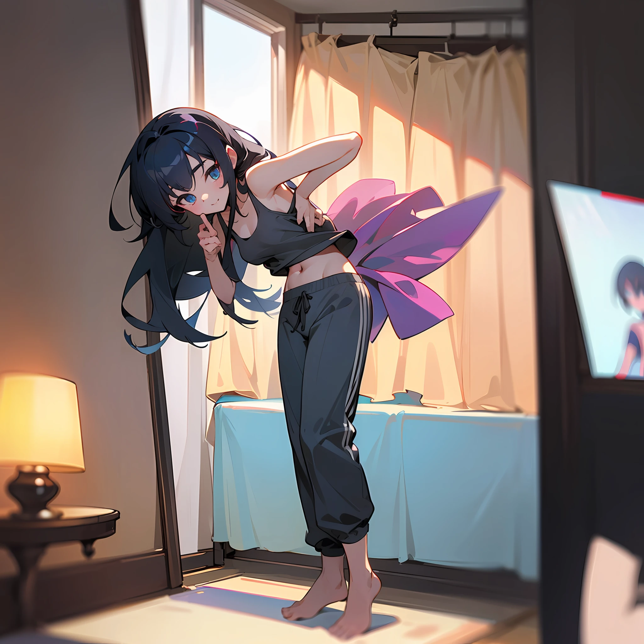 ((best qualiy、8K、A masterpie:1.3))、1girls、full full body、slong hair、ponie tail、blackhair、Dance Club、Tank tops、Gray pants、sweats、tiny breast、Sorrisos、Own room、tall