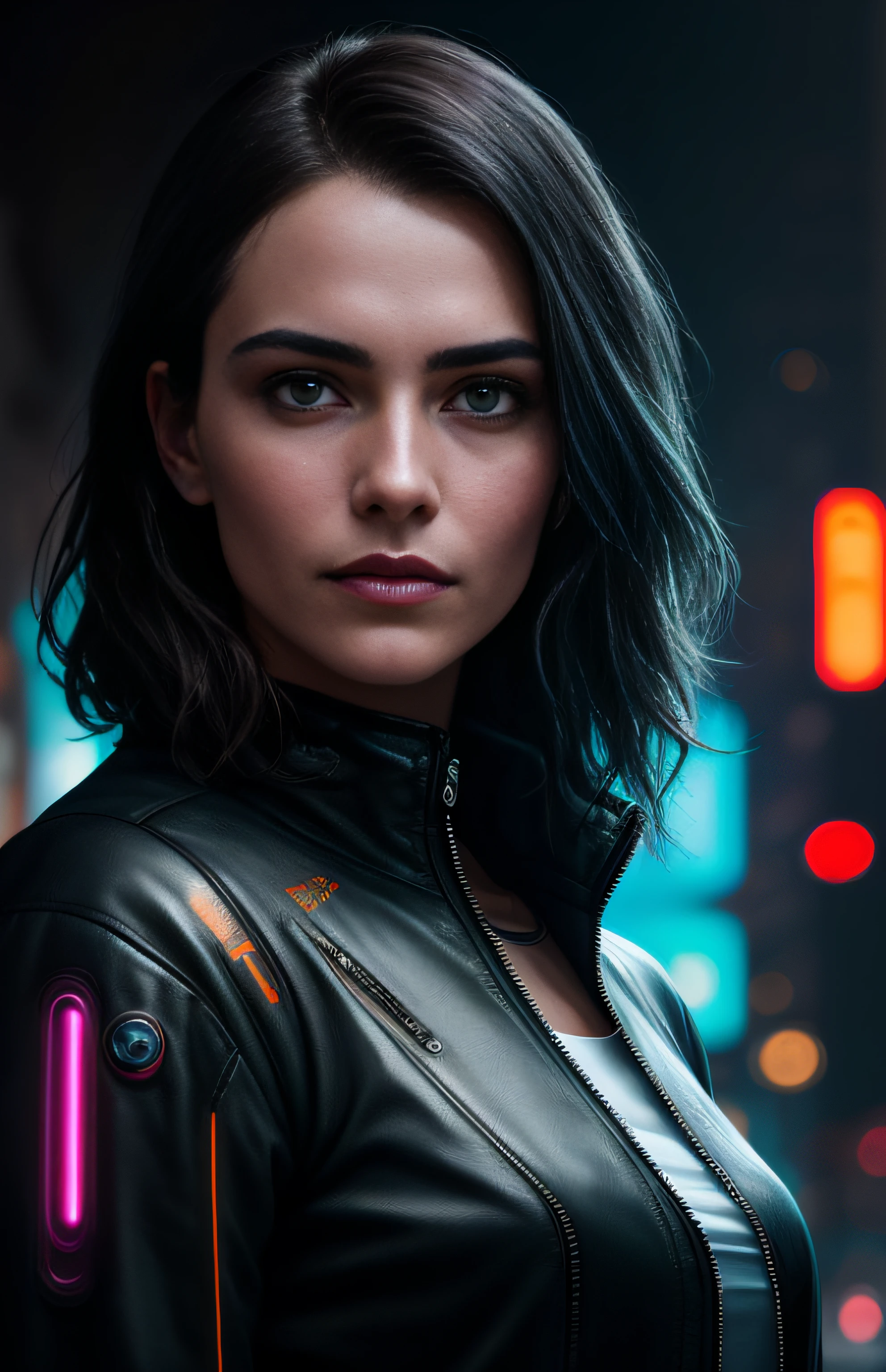 cyberpunk portrait photography, beautiful young woman looking off camera in glowing futuristic jacket, super realistic face, eyes visible through hair, proper eye position, natural skin, soft light, rim light, hips, in road side, detailed background, intricate , highly detail, octane render, HD, 8k, by Annie Leibovitz,120mm