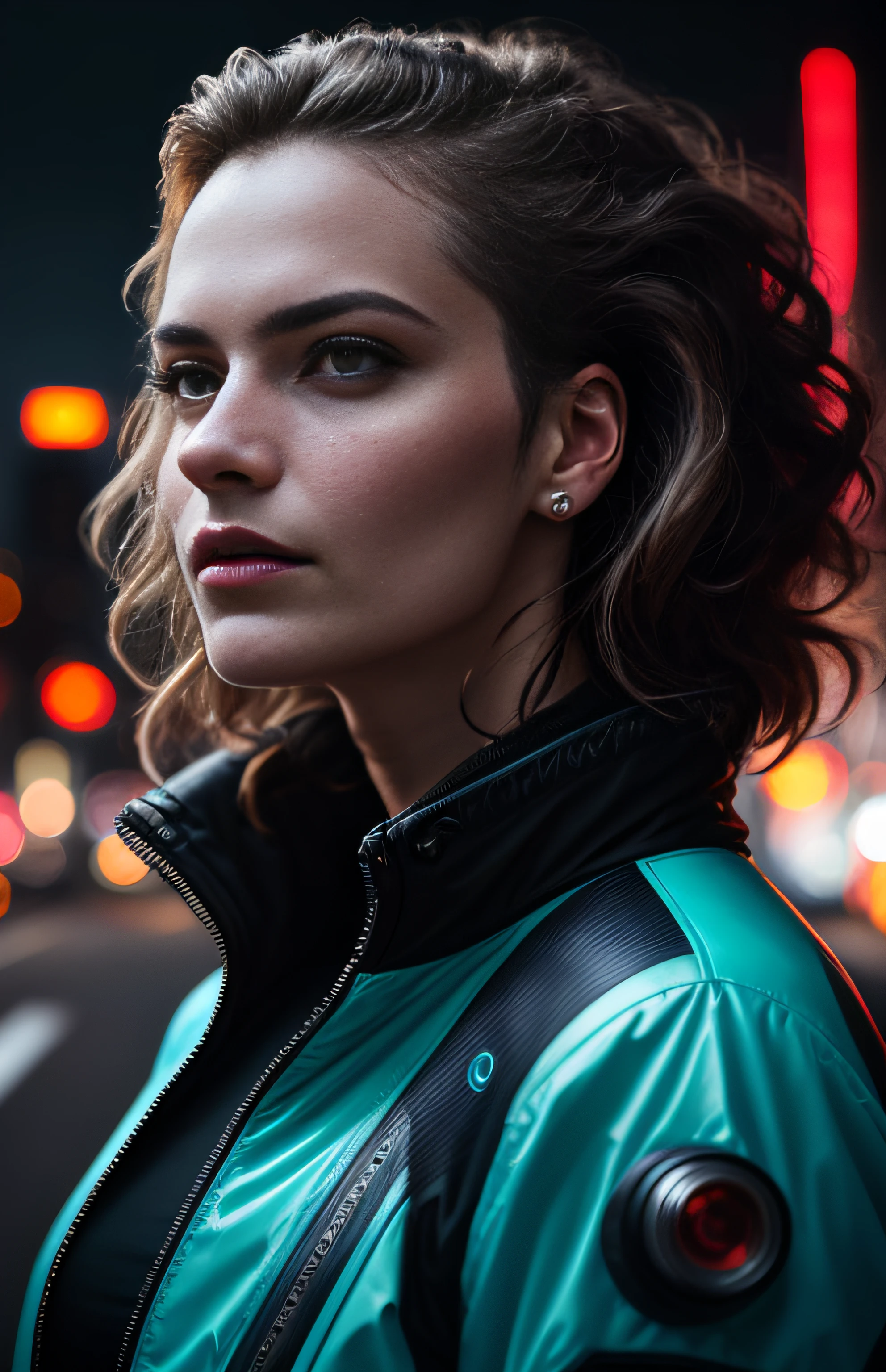 cyberpunk portrait photography, beautiful young woman looking off camera in glowing futuristic jacket, super realistic face, eyes visible through hair, proper eye position, natural skin, soft light, rim light, hips, in road side, detailed background, intricate , highly detail, octane render, HD, 8k, by Annie Leibovitz,120mm