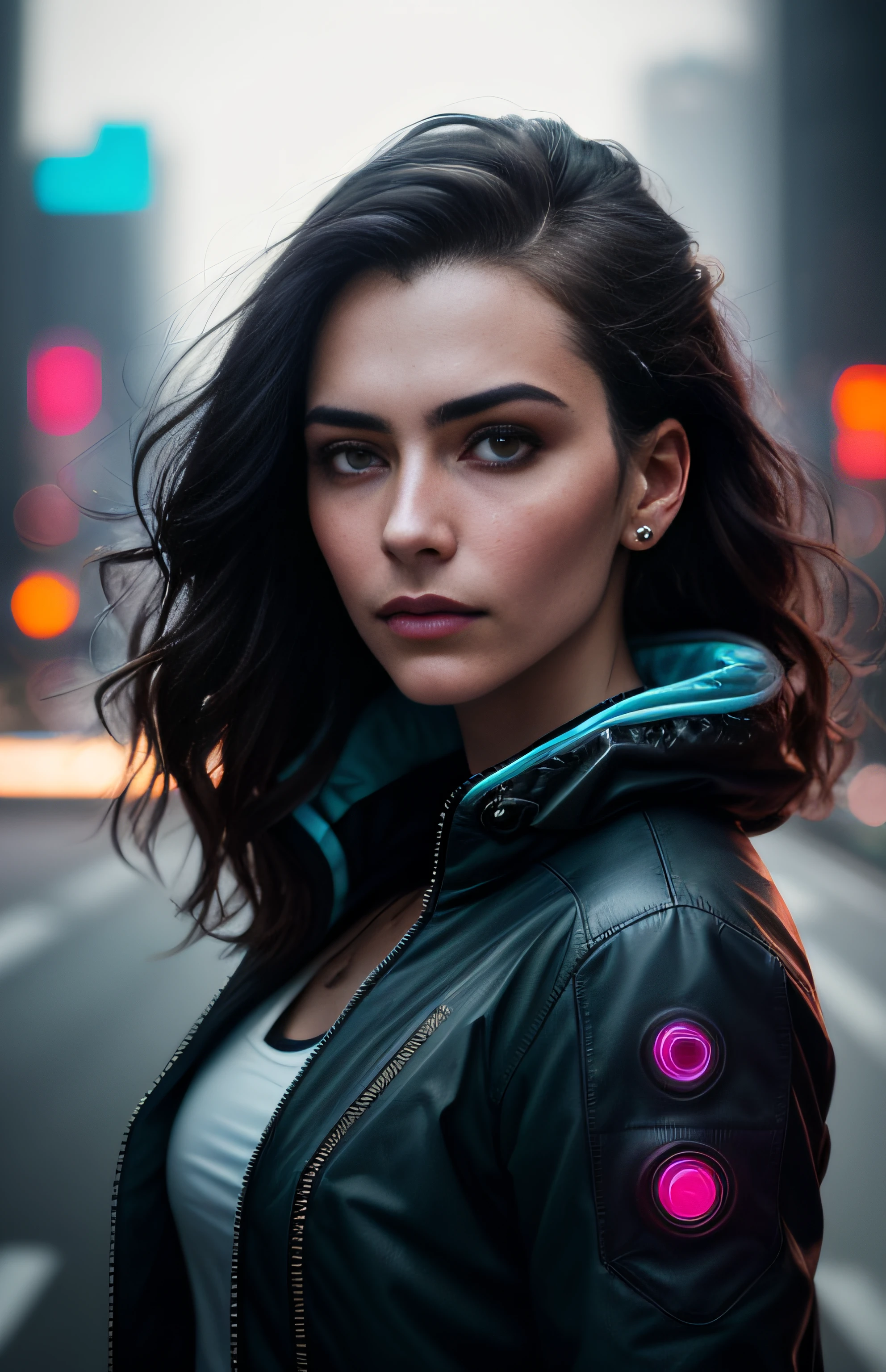 cyberpunk portrait photography, beautiful young woman looking off camera in glowing futuristic jacket, super realistic face, eyes visible through hair, proper eye position, natural skin, soft light, rim light, hips, in road side, detailed background, intricate , highly detail, octane render, HD, 8k, by Annie Leibovitz,120mm