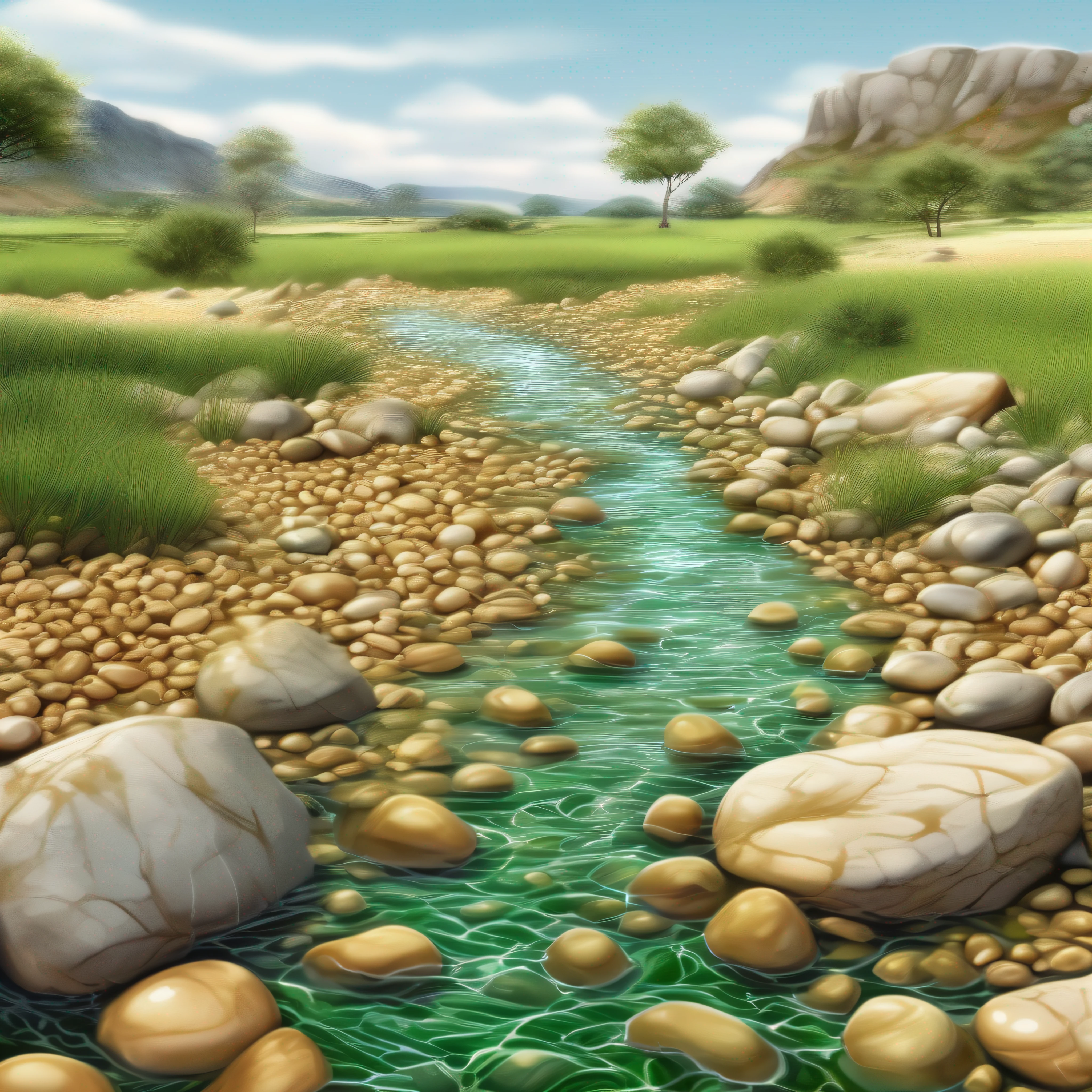 A verdant plain, cheia de luz, a stream of clear water running between the pebbles, realistic water, artistic work, Highresolution