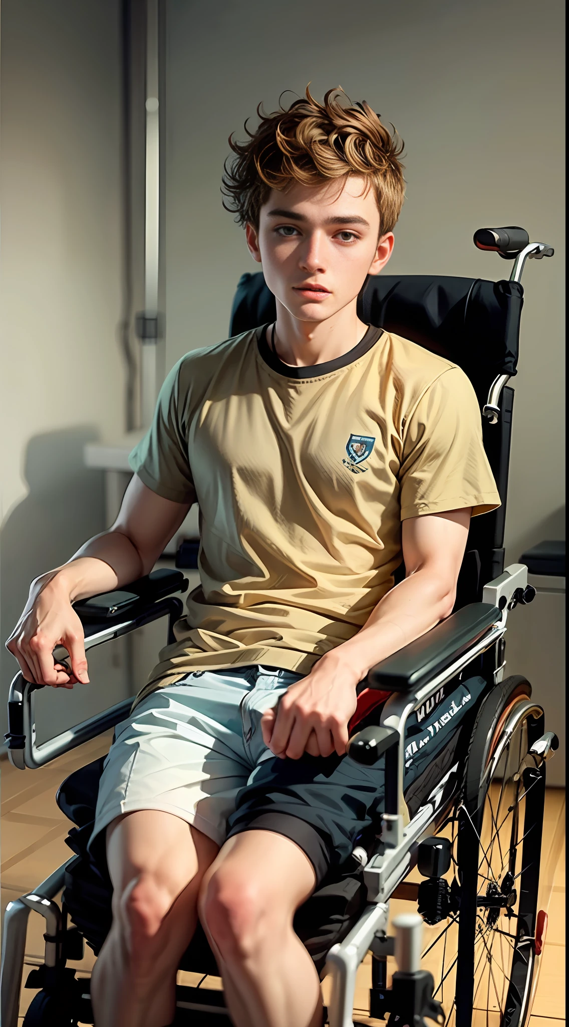 19 year old Australian guy, short curly hair, hair like Justin Timberlake from 2010, brown hair, light tan, light skin color, clean shaven, in hospital, in wheelchair, paralyzed like stephen hawking, cannot move legs and arms