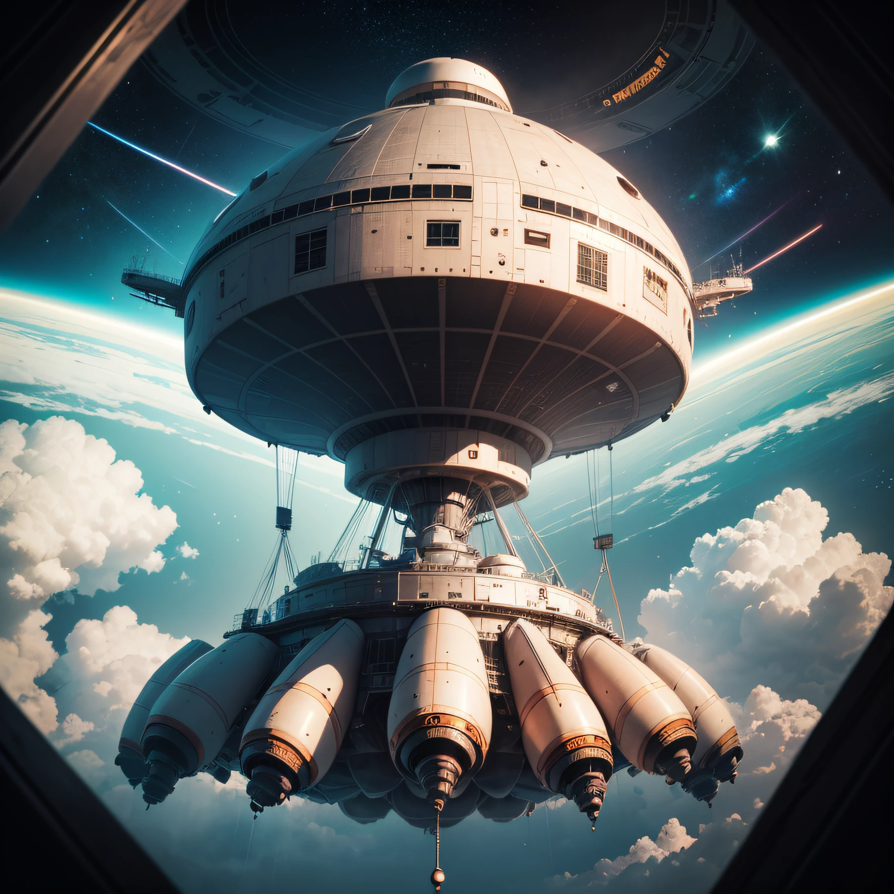 The image shows the spacecraft advancing through intergalactic space. The ship is huge, with several chambers and rooms to house the humans and aliens who are on board. Humans and aliens are together, watching the planets that pass by them as they make their way towards their final destination. Os planetas variam em tamanho e cor, some with rings and others with dense and colorful atmospheres. Enquanto observam esses planetas, Travelers discuss their characteristics and speculate about the life that may exist in each of them. Apesar das incertezas, There is a sense of excitement and adventure as the ship continues its journey into the unknown. --auto