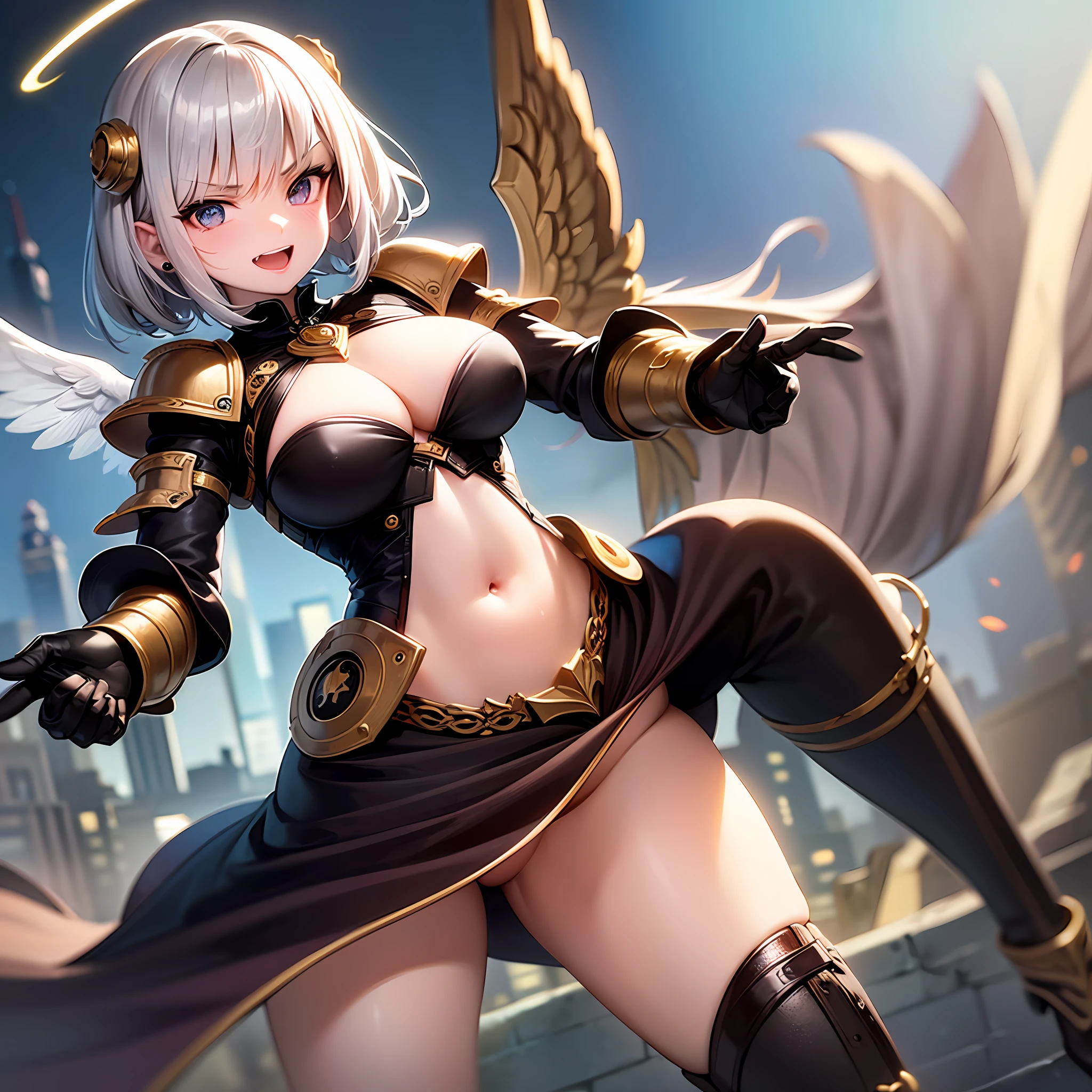 fantasy, 1angel_girl, loli,bck_color_hair, medium_bob_hair, long_bangs, halo,bare_shoulder,thighhighs,(shiny_silver_armor:1.1), waist_armor, large_breasts,angry,smile,open_mouth1pair_wings, dynamic_ pose_fighting,floating, bare_crotch, covered_nipples, covered_pussy,headgear,gauntlet, greaves, pelvic_curtain, city_sky_background,slightly_spread_legs, solo, groin_naked,(masterpiece, best quality, best quality, official art, beautiful and aesthetic:1.2), (1 girl), very detailed,