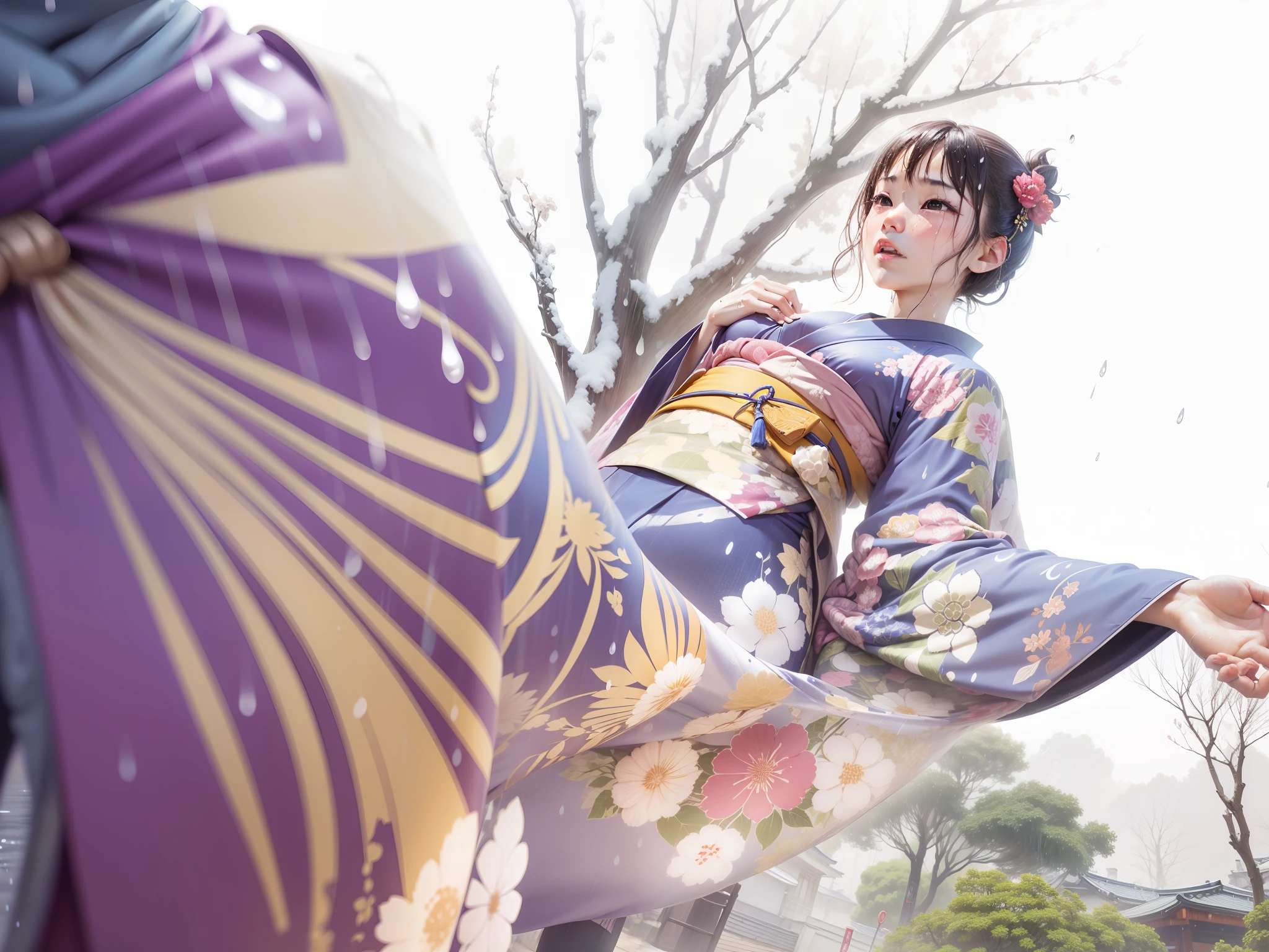 raining heavily、Kimono soaking wet、Rain dripping from kimono