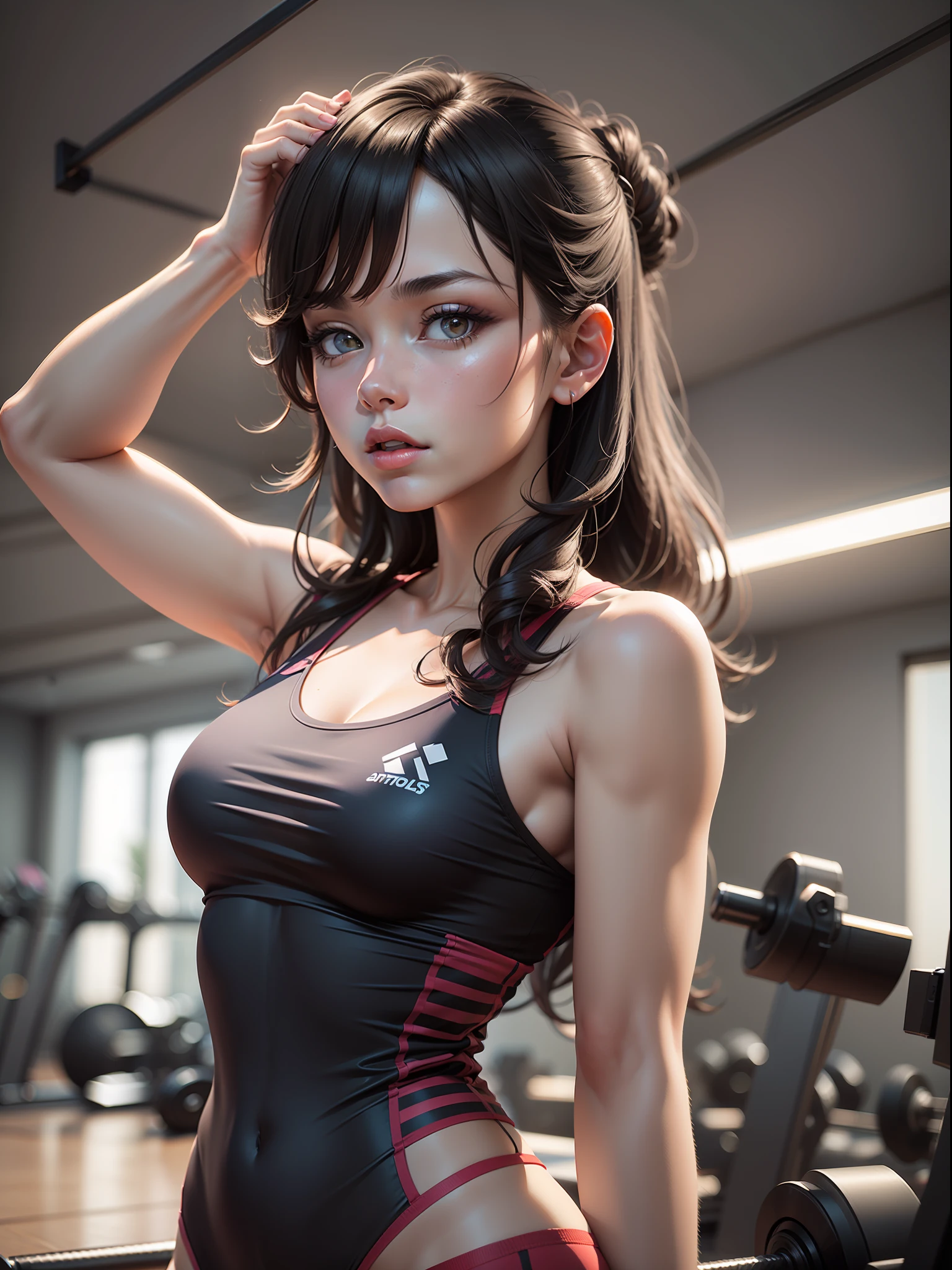 A girl at gym taking photo of his own with a photo through the mirror, deviantart artstation cgscosiety, cgsociety portrait, photorealistic anime girl render, 3 d render character art 8 k, stunning digital illustration, gorgeous 3d render, cgsociety inspired, trending in cgsociety, 3d render trending on artstation, trending on artstation hd, render of april