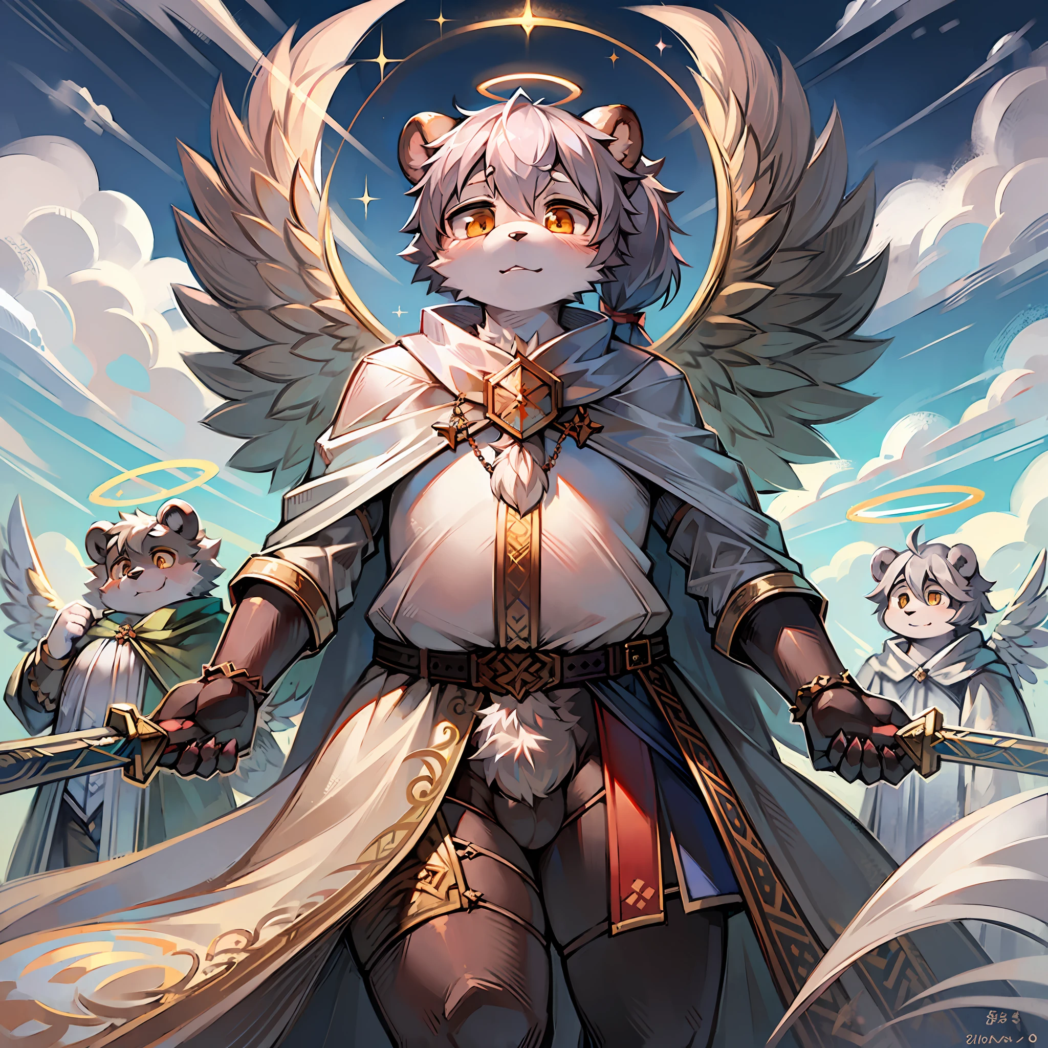 Bright eyes, Heavenly，Clouds，During the Day,Panda anthropomorphism，独奏, Sacred Light，shaggy, Hairy male, Panda,obesity,Male focus,Full body fur, Fluffy tail, Short tail,White fur, Golden eyes, Gray hair,Single ponytail), (Carnivorous bears）,White cape,Stand on the clouds，angels，Four-winged angel，Angelic Holy Sword，Angel halo