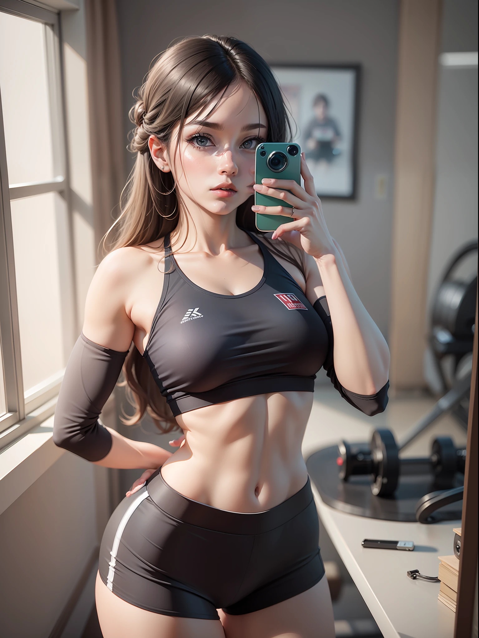 A girl at gym taking photo of his own with a photo through the mirror, deviantart artstation cgscosiety, cgsociety portrait, photorealistic anime girl render, 3 d render character art 8 k, stunning digital illustration, gorgeous 3d render, cgsociety inspired, trending in cgsociety, 3d render trending on artstation, trending on artstation hd, render of april