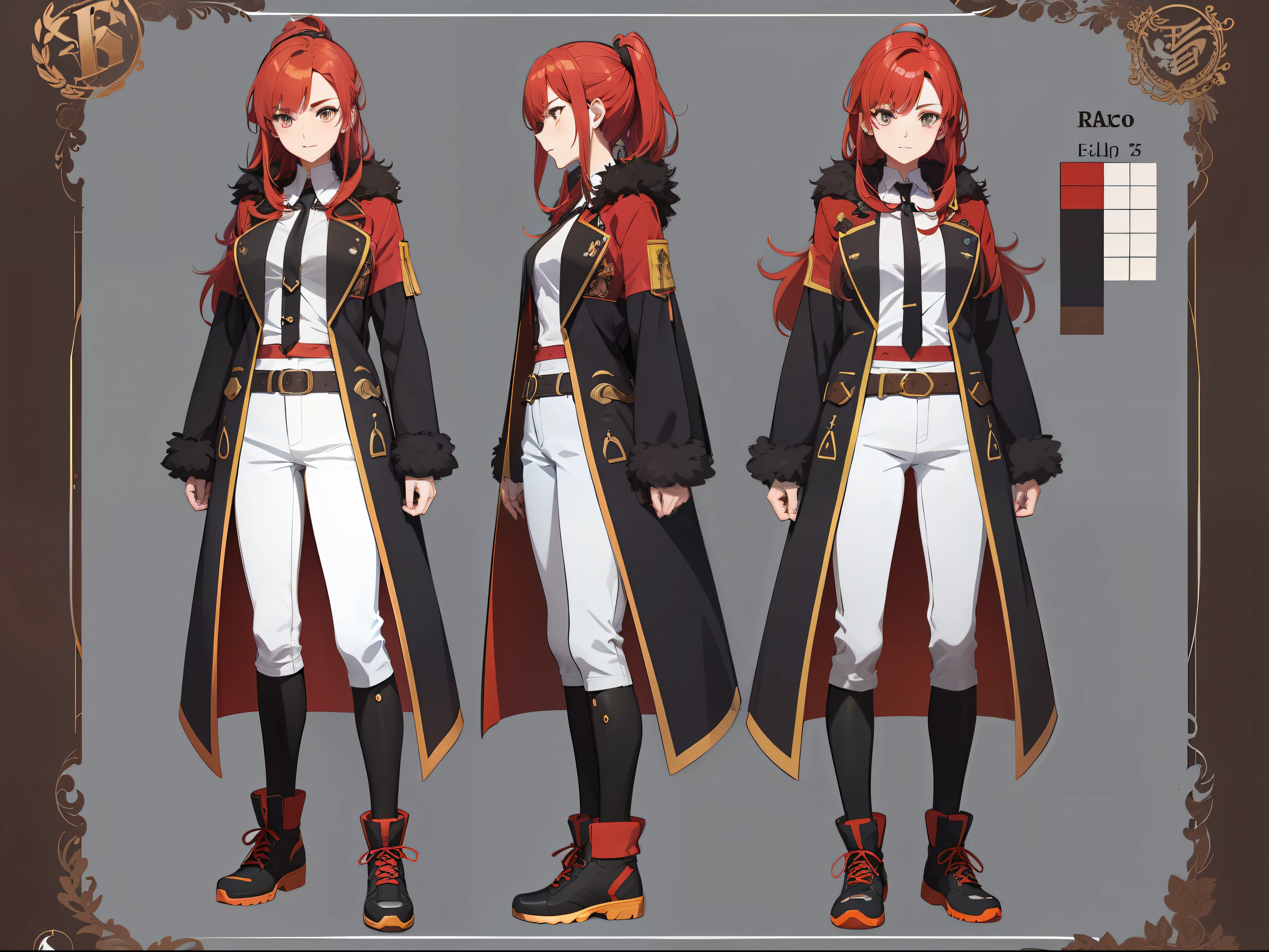 Character Sheet, full-body, famale, red haired, de baixo, estilo anime, 4k, alta qualidade