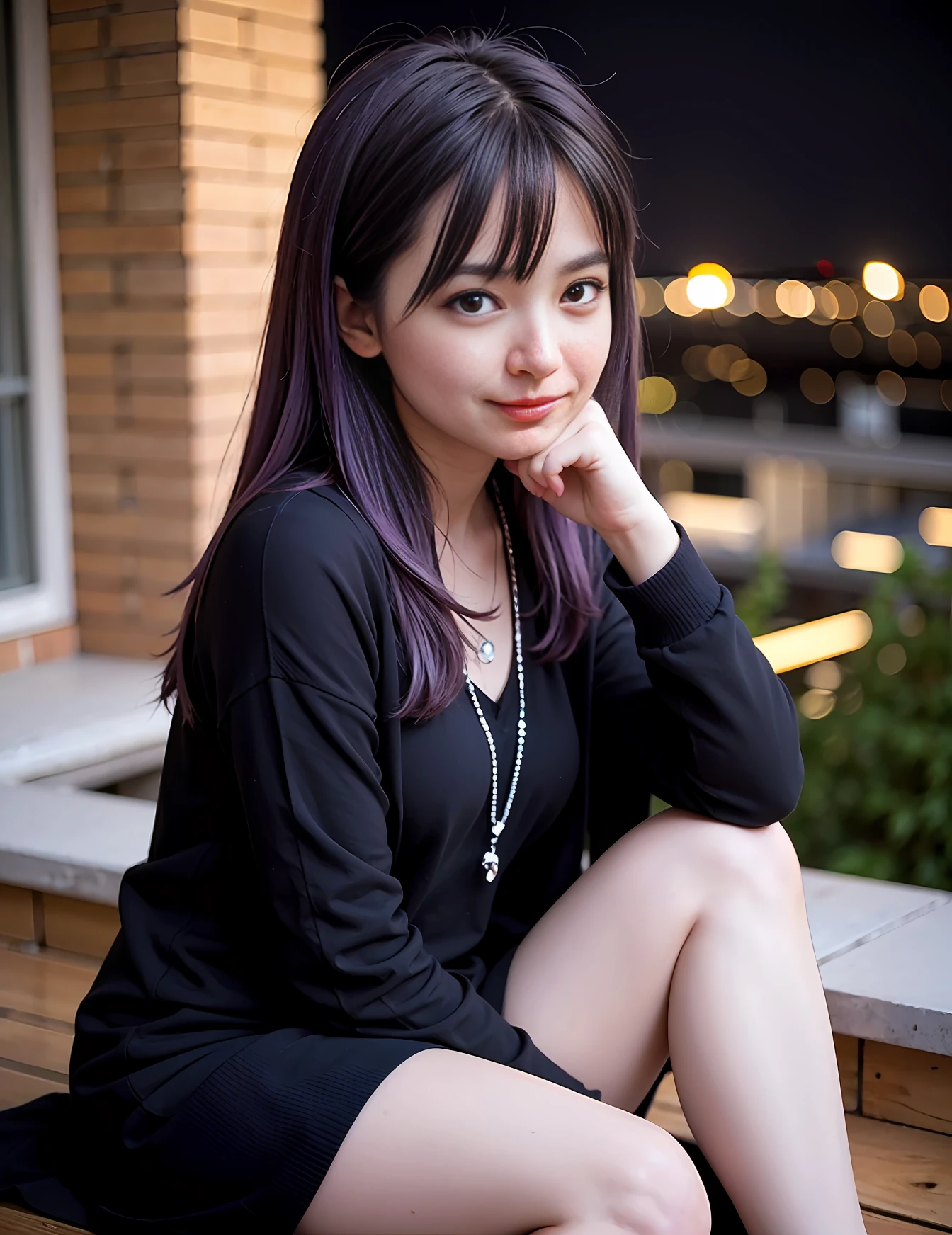 Slim body, Shallow depth of field, (high detailed skin:1.2), 8k UHD, DSLR, High quality, Film Grain, 20mp, Fujifilm XT3, 80mm, Hasselblad, Raw photo, teen girl having dinner in a rooftop, city lights background, Smiling, ((Purple hair)), Black Cape, sitting

Steps: 30, Size: 672x872, seed: 9