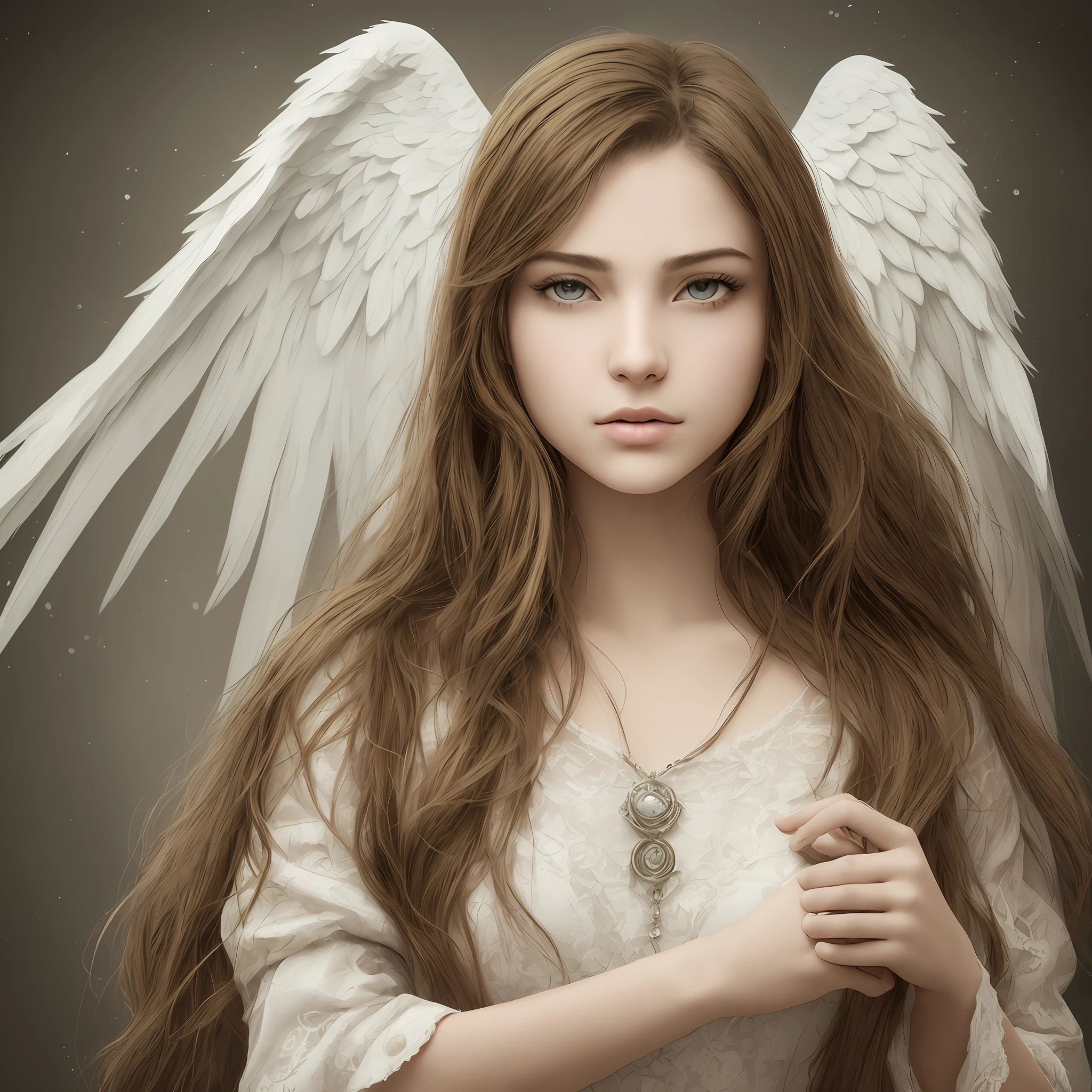 Angel hermoso y perfecto con alas definidas y detalladas, rostro hermoso y perfecto, ojos grises definidos, tunica blanca con destellos plateados y dorados, incrustaciones de joyas preciosas, Obra maestra, realismo, magia, fantasy, ser de luz, ser mistico y Celestial, hd,High quality and resolution, 8k --auto