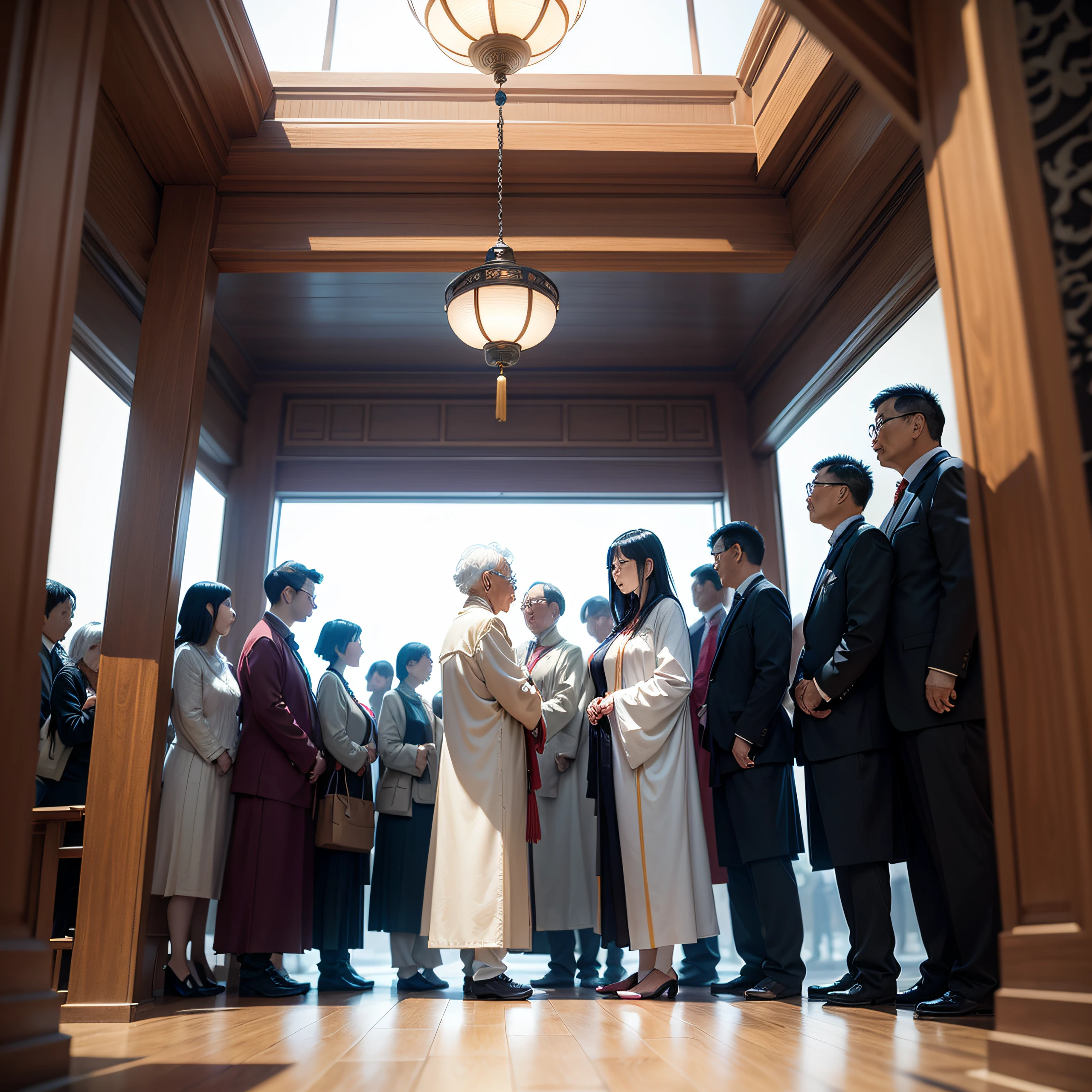 Grandma,Filial piety,Chinese style hall,Stand,(It was full of people standing around),White tones,Spiritual Hall,Close-up --auto