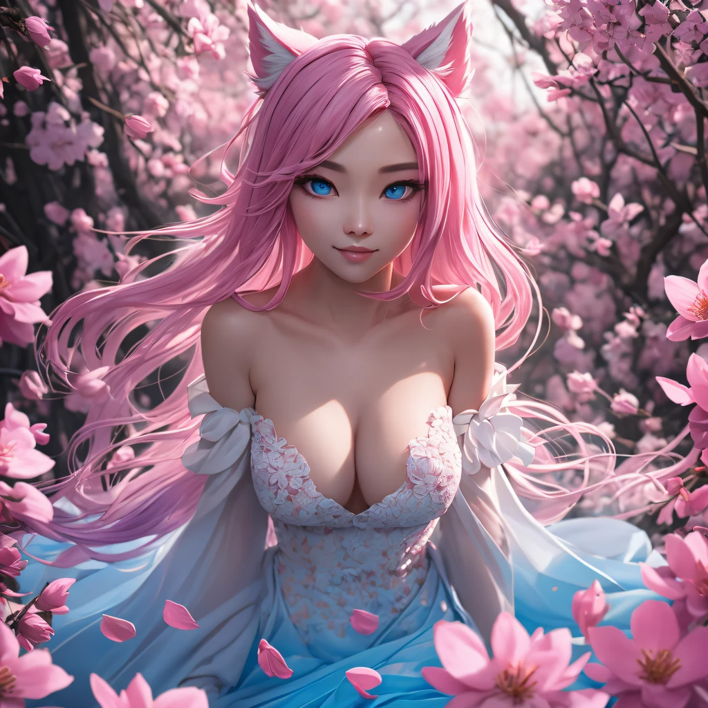 ultra cute Ahri in a huge pile of cherry petals, all intimate body parts completely reveled, ultra joyful, bright blue eyes, pink-orange gradient hair, wearing a pure sakura petals dress, lut, ultra warm and bright day, skin indentation, warm vibrant pastel colors, cinematic, insane details, intricate details, hyperdetailed, closeup, 8k, volumetric light, depth of field, Luminous Studio graphics engine, perfect anatomy, completely clean body, korean makeup aework by ZhangFuzeng💦