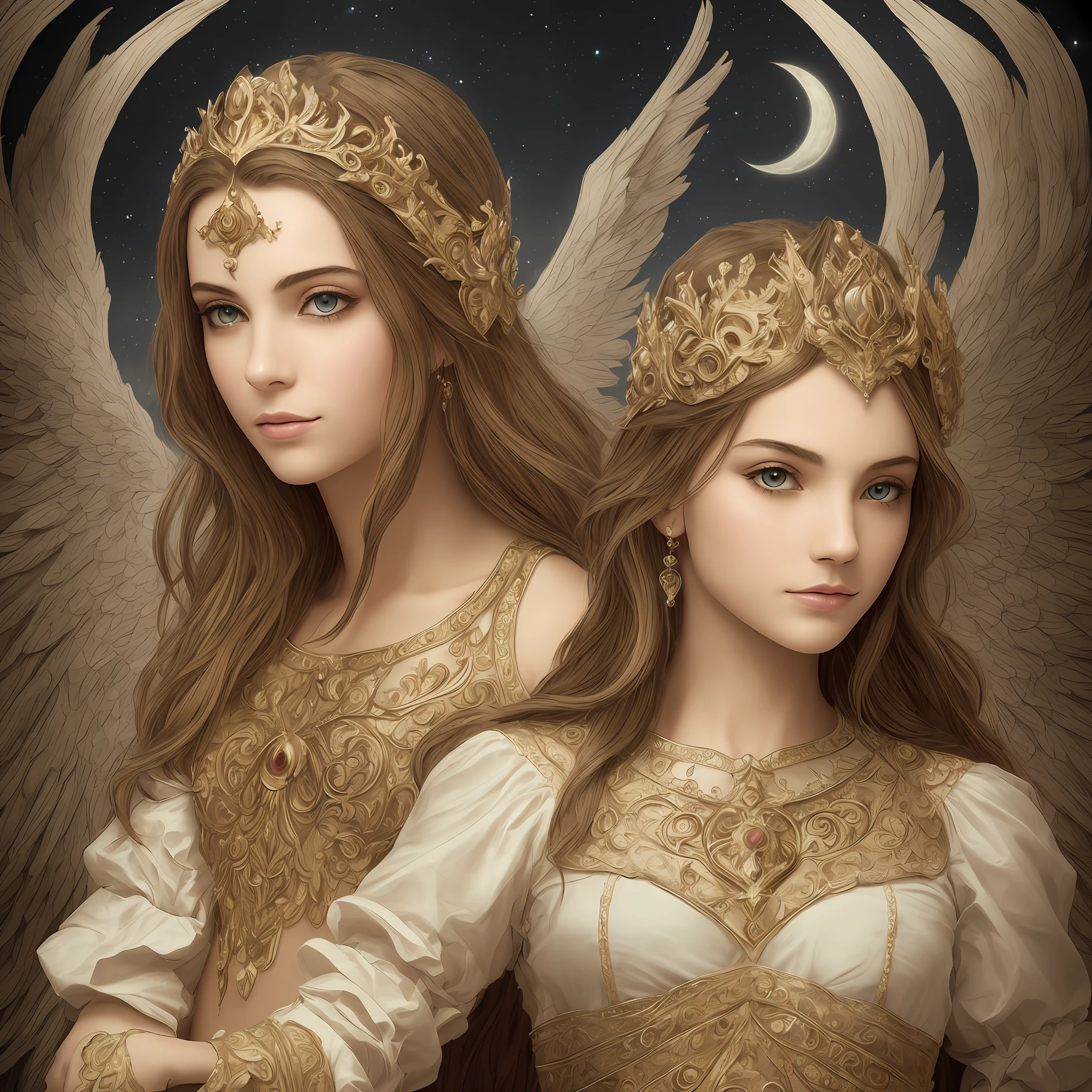 Angel hermoso y perfecto con alas definidas y detalladas, rostro hermoso y perfecto, ojos grises definidos, tunica blanca con destellos plateados y dorados, incrustaciones de joyas preciosas, Obra maestra, realismo, magia, fantasy, ser de luz, ser mistico y Celestial, hd,High quality and resolution, 8k --auto