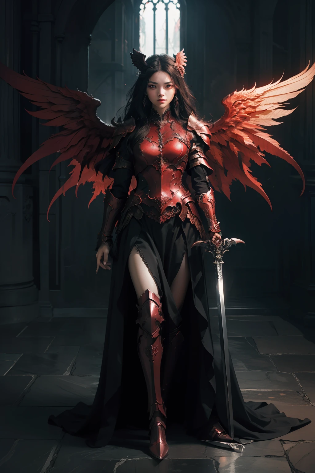 (extremely detailed CG unity 8k wallpaper,masterpiece, best quality, ultra-detailed, beautiful detailed eyes:1.2),best illumination, (best shadow, an extremely delicate and beautiful, bloom),
1gril,solo,red eyes,Heavy armor,long hair,holding sword,Angel wings,black wings,red jewelry,(big wings:1.4),Film filter,Satan, Hellfire,full body,demon,flame,