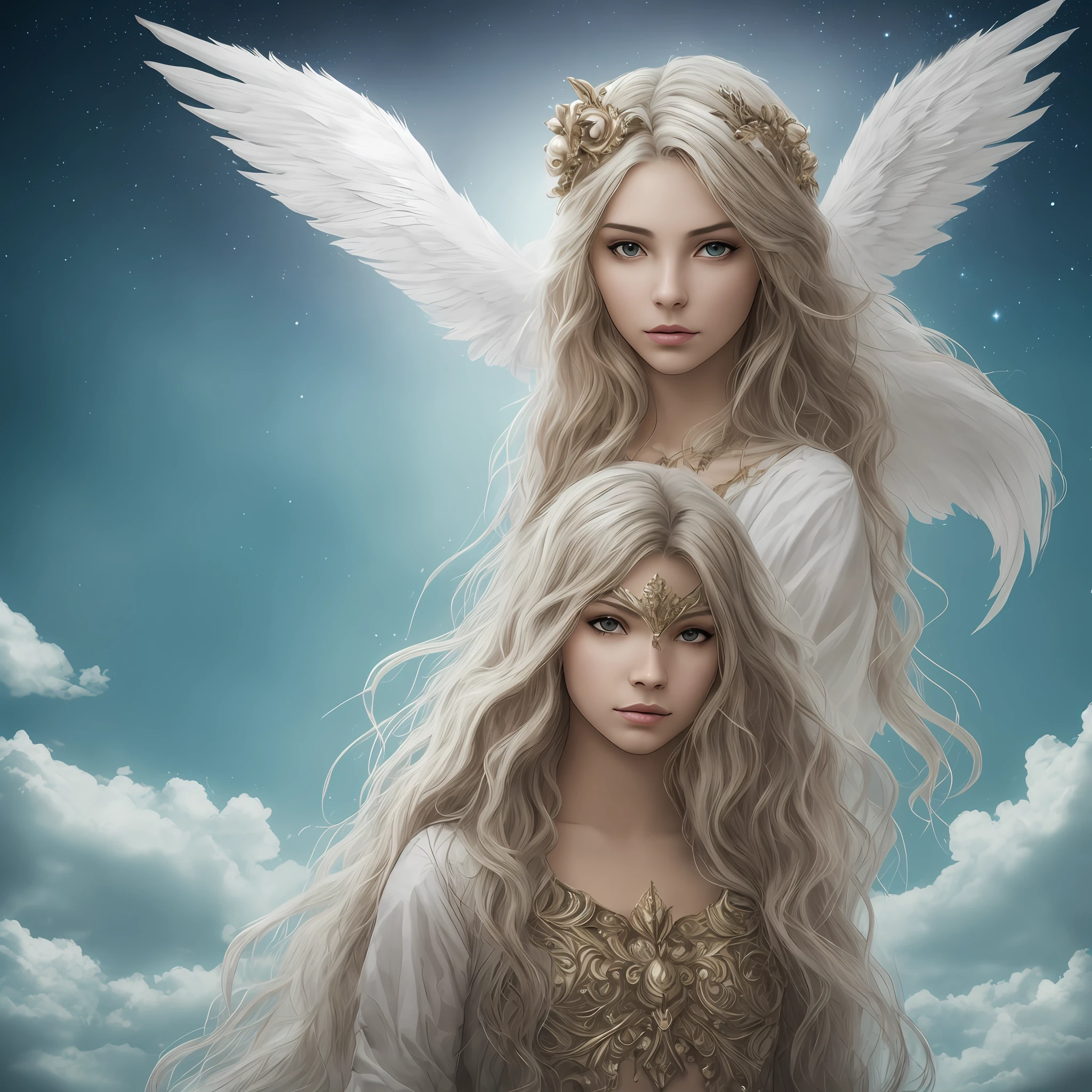 Angel hermoso y perfecto con alas definidas y detalladas, rostro hermoso y perfecto, ojos grises definidos, tunica blanca con destellos plateados y dorados, incrustaciones de joyas preciosas, Obra maestra, realismo, magia, fantasy, ser de luz, ser mistico y Celestial, hd,High quality and resolution, 8k --auto