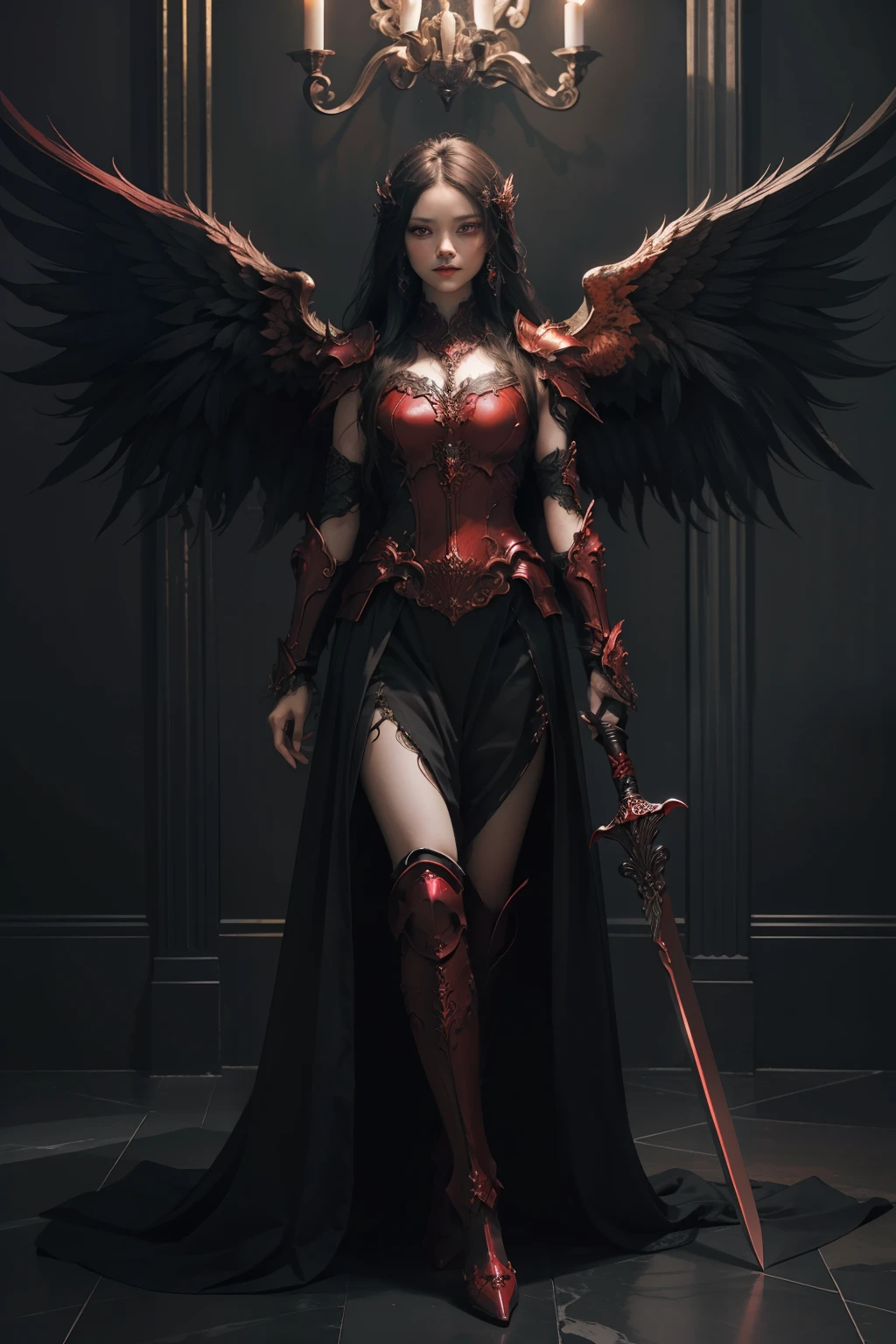 (extremely detailed CG unity 8k wallpaper,masterpiece, best quality, ultra-detailed, beautiful detailed eyes:1.2),best illumination, (best shadow, an extremely delicate and beautiful, bloom),
1gril,solo,red eyes,Heavy armor,long hair,holding sword,Angel wings,black wings,red jewelry,(big wings:1.4),Film filter,Satan, Hellfire,full body,demon,flame,