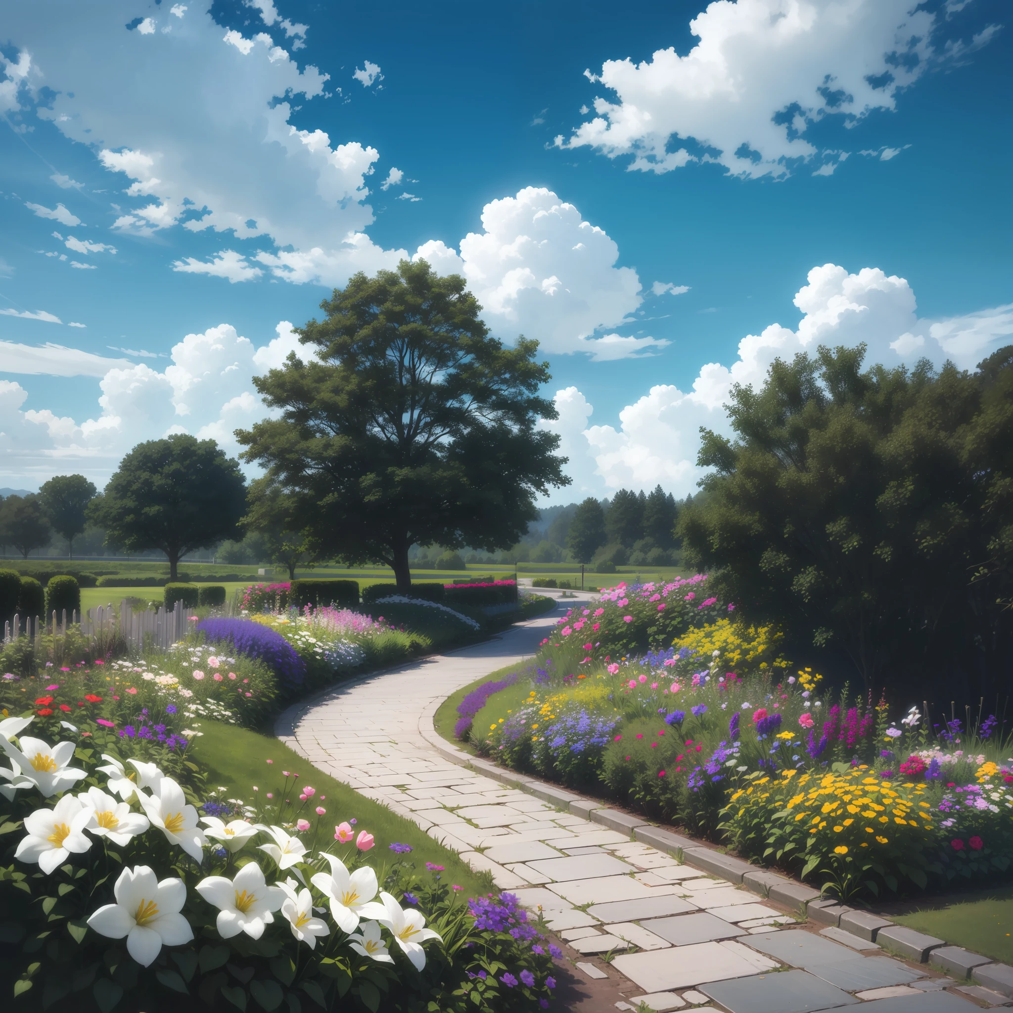 A garden with full of various flowers and colorful tree, a road is going out into the garden, (high contrast 1.7)), full clear, dark theme, dark shadow,  blue sky with white clouds