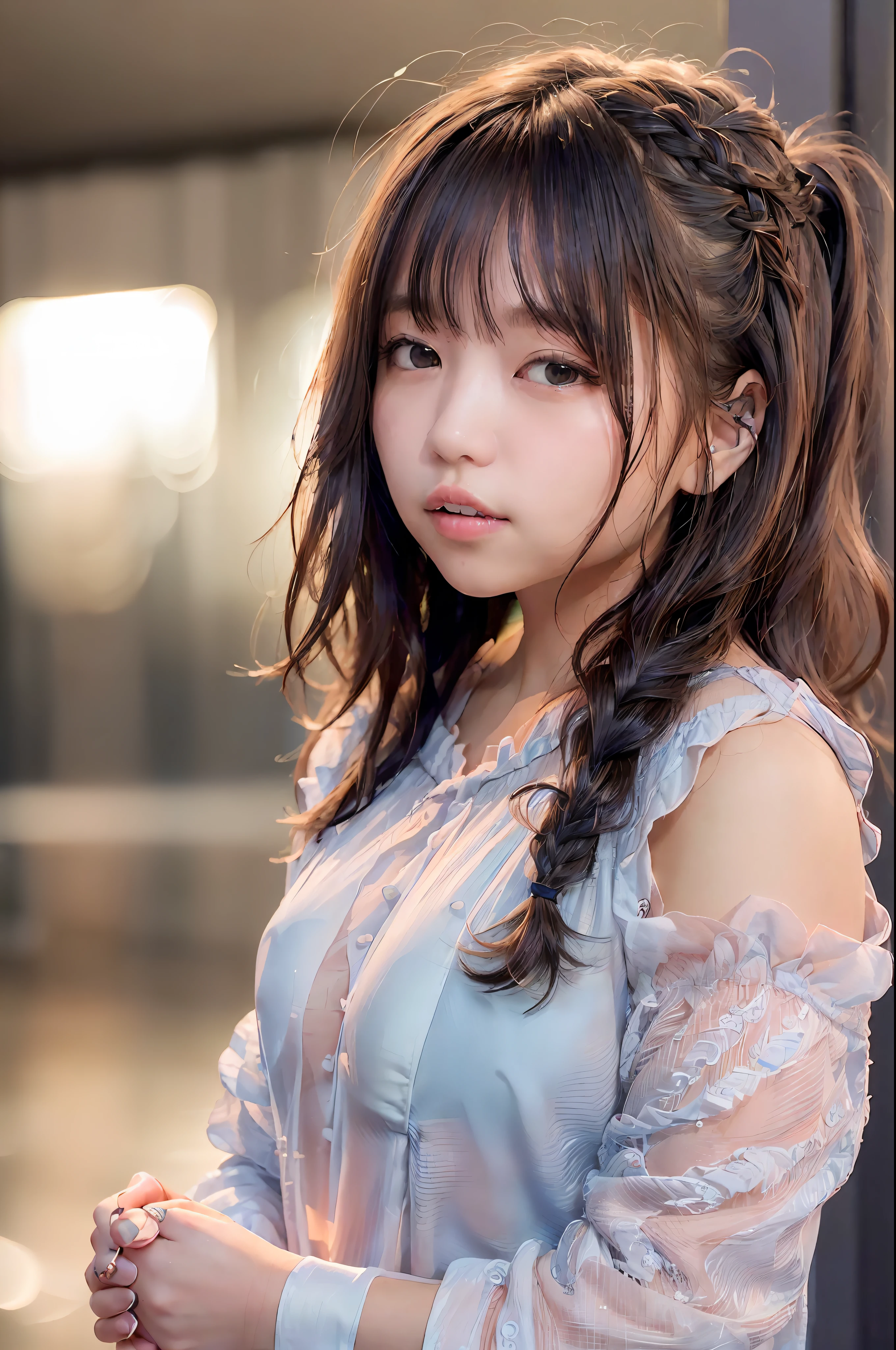 A masterpie、best qualiy, 1girls, (Skindentation), {{Too big!!}}, (jour), well lit, blured background, (Street:0.6), (ten mens, crowd:1), (Braided bangs, Wavy Hair:1.5), (see-through shirts:1.8), (Wearing a nightgown:1.8),gorgeou, (Floating hair:1.2), (dinamic pose:1.8), Soft lighting,