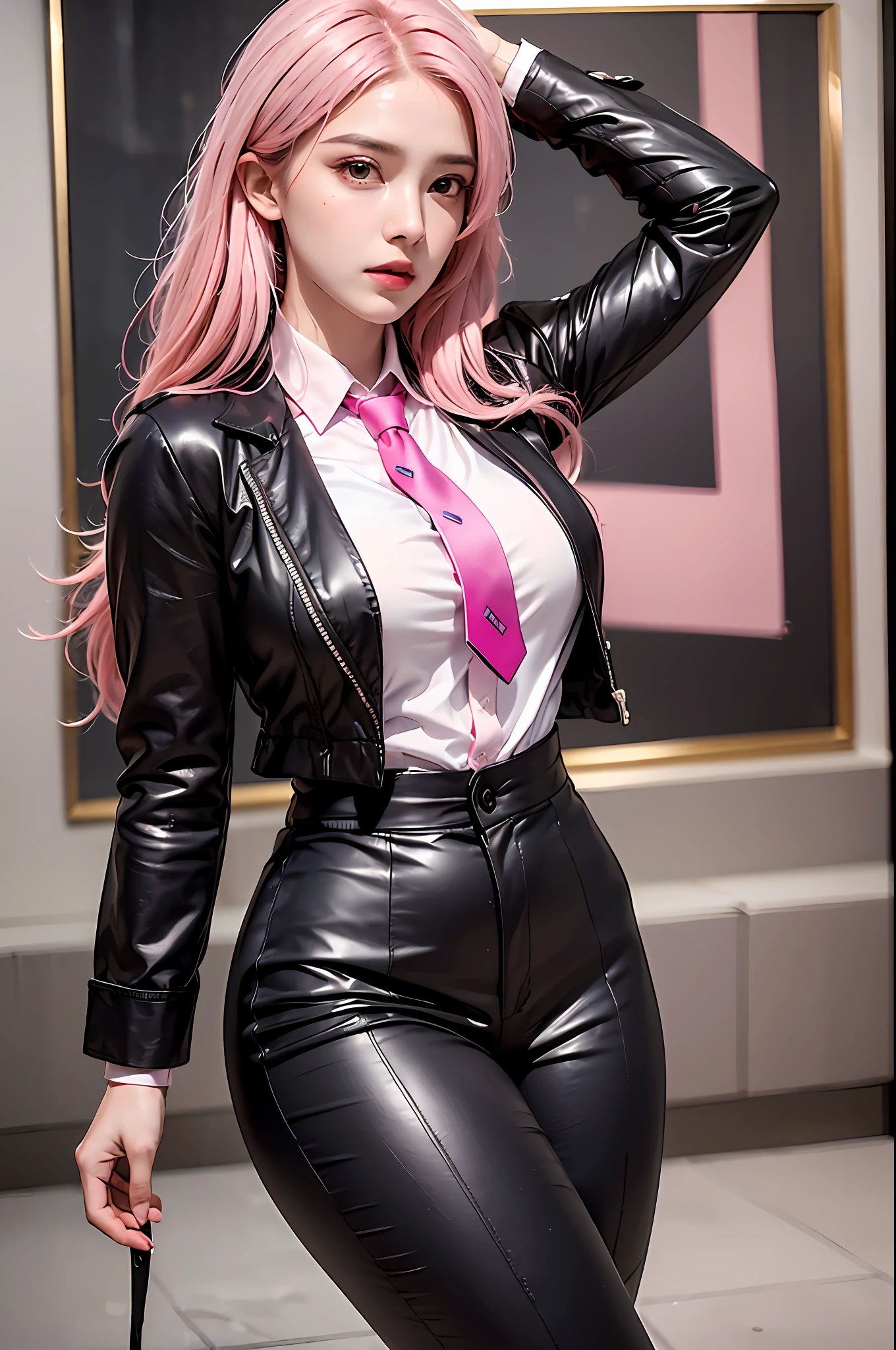 best quality, masterpiece, ultra-detailed, detailed light, (RAW photo:1.2), (photorealistic:1.4),(masterpiece:1.3),(best quality:1.4), dramatic lighting, night, 1girl, detailed face, beautiful face, (pink hair), solo, hips up, long hair, lounge suit, black suit jacket, black trousers, collared dress shirt, necktie